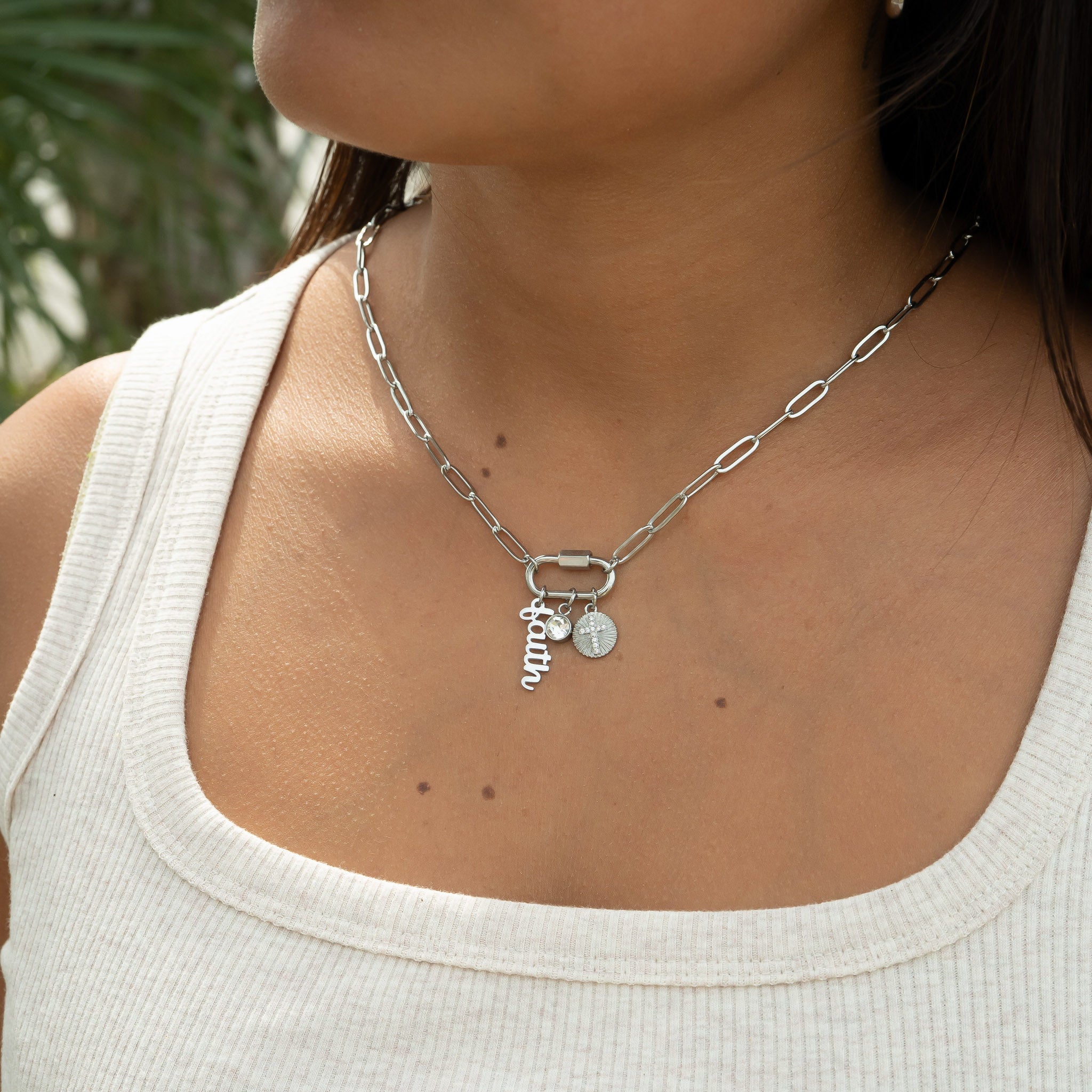 18K Gold PVD Stainless Steel Carabiner Faith Charm Paperclip Necklace / CHN0049、mySite、dreamappss