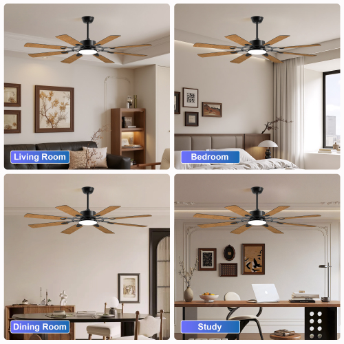 52 Inch Ceiling Fan with Lights and Remote Control, 8 Plywood Blades, 6-Speed Noiseless Reversible DC Motor, 3CCT, Windmill Ceiling fan for Kitchen Bedroom Living Room, Black、、eastwooduniform