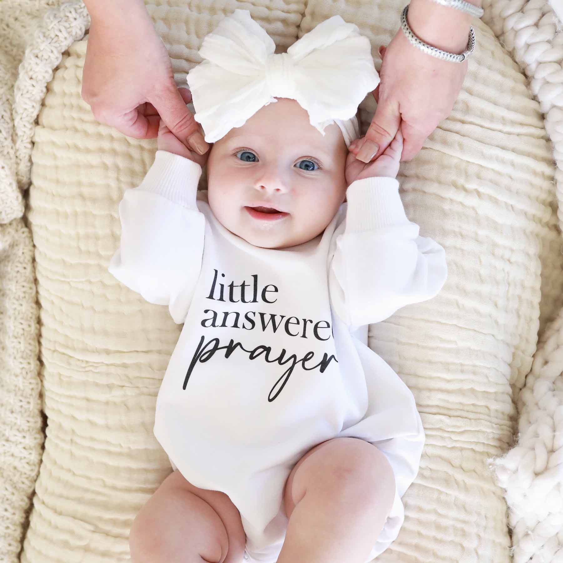  Little Answered Prayer Graphic Sweatshirt Bubble Romper | White、mySite、layawaytickets