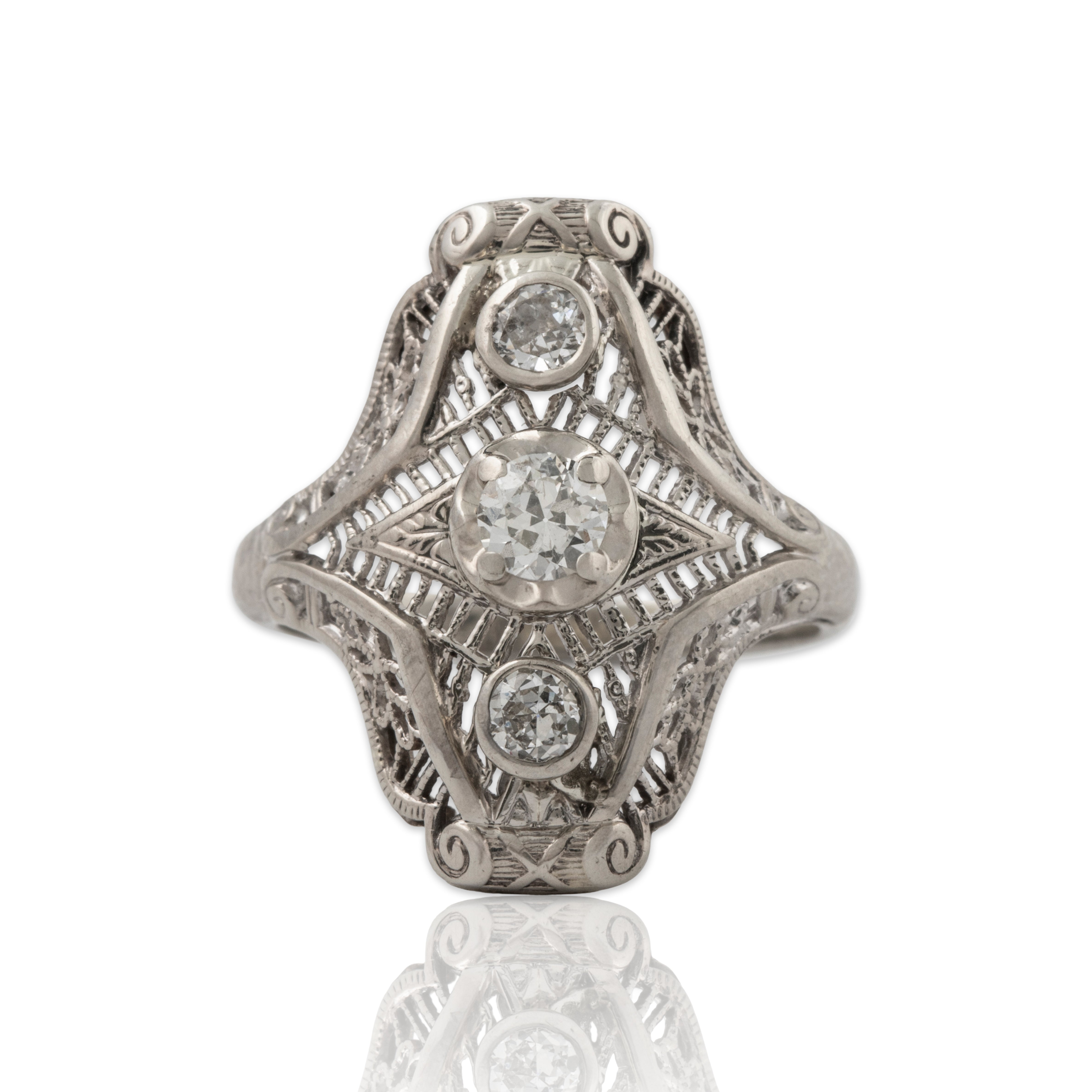 Antique Art Deco 14k White Gold 0.328cttw Diamond Openwork Filigree Ring 3.75、mySite、hinf8tx79