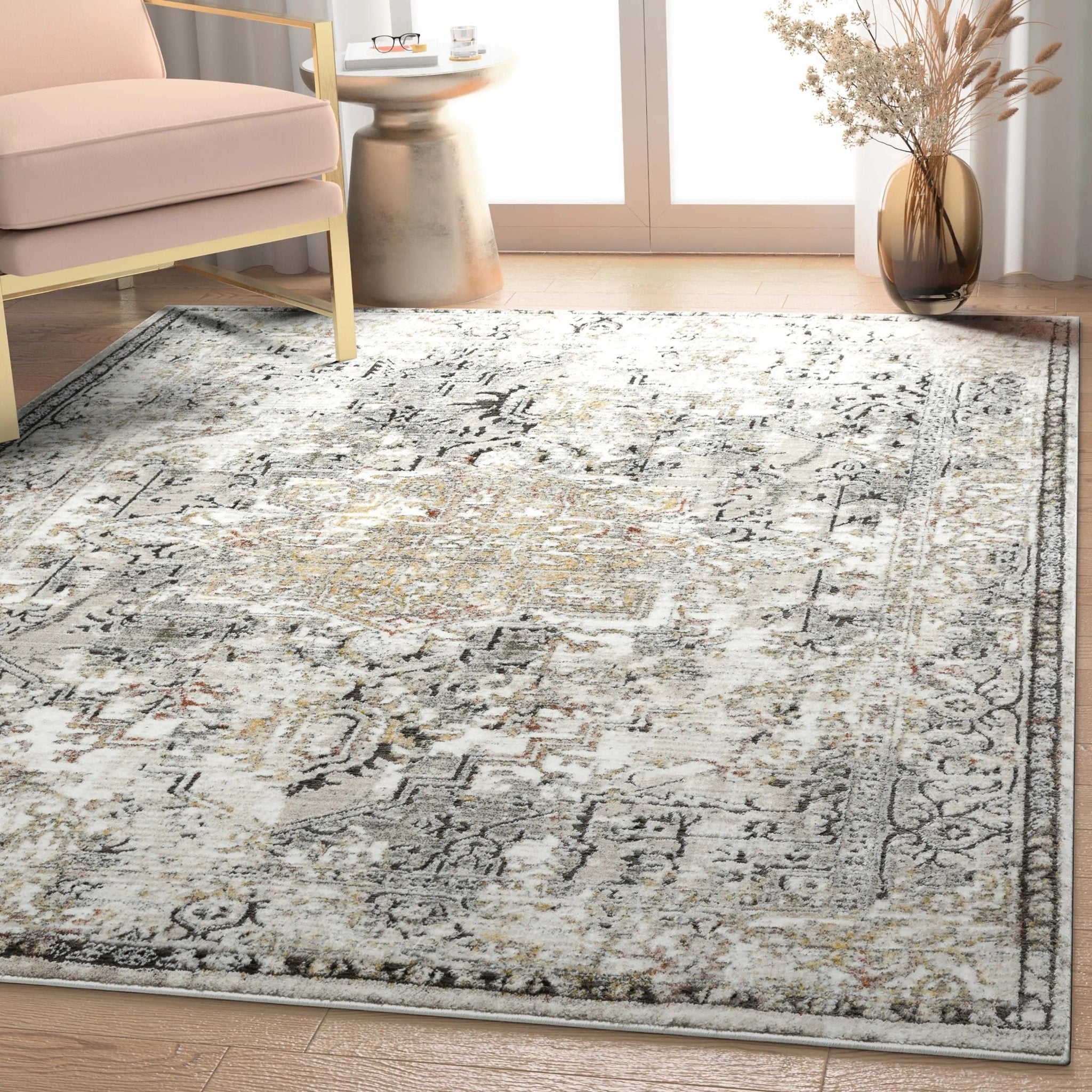 Heriz Medallion Modern Vintage Grey Ivory High-Low Rug、mySite、gigharbornorthrealestate