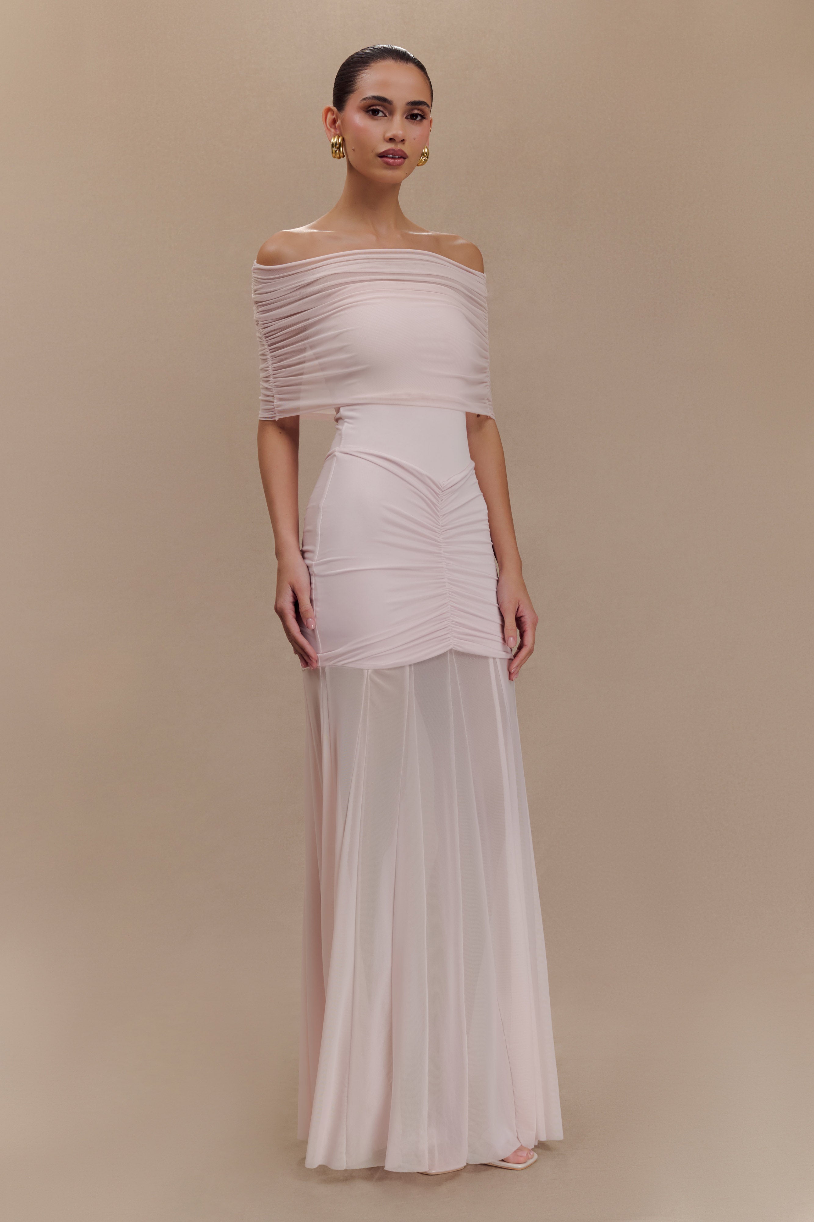 Caspian Slinky And Mesh Off Shoulder Maxi Dress - Pale Pink、mySite、solidvoid