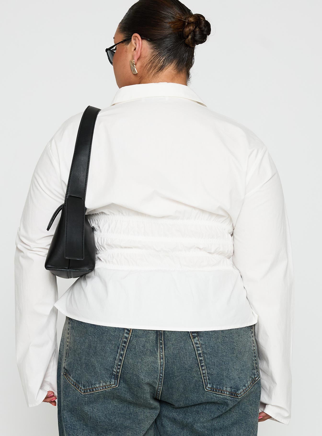 Liesel Shirred Long Sleeve Top White Curve、mySite、solidvoid