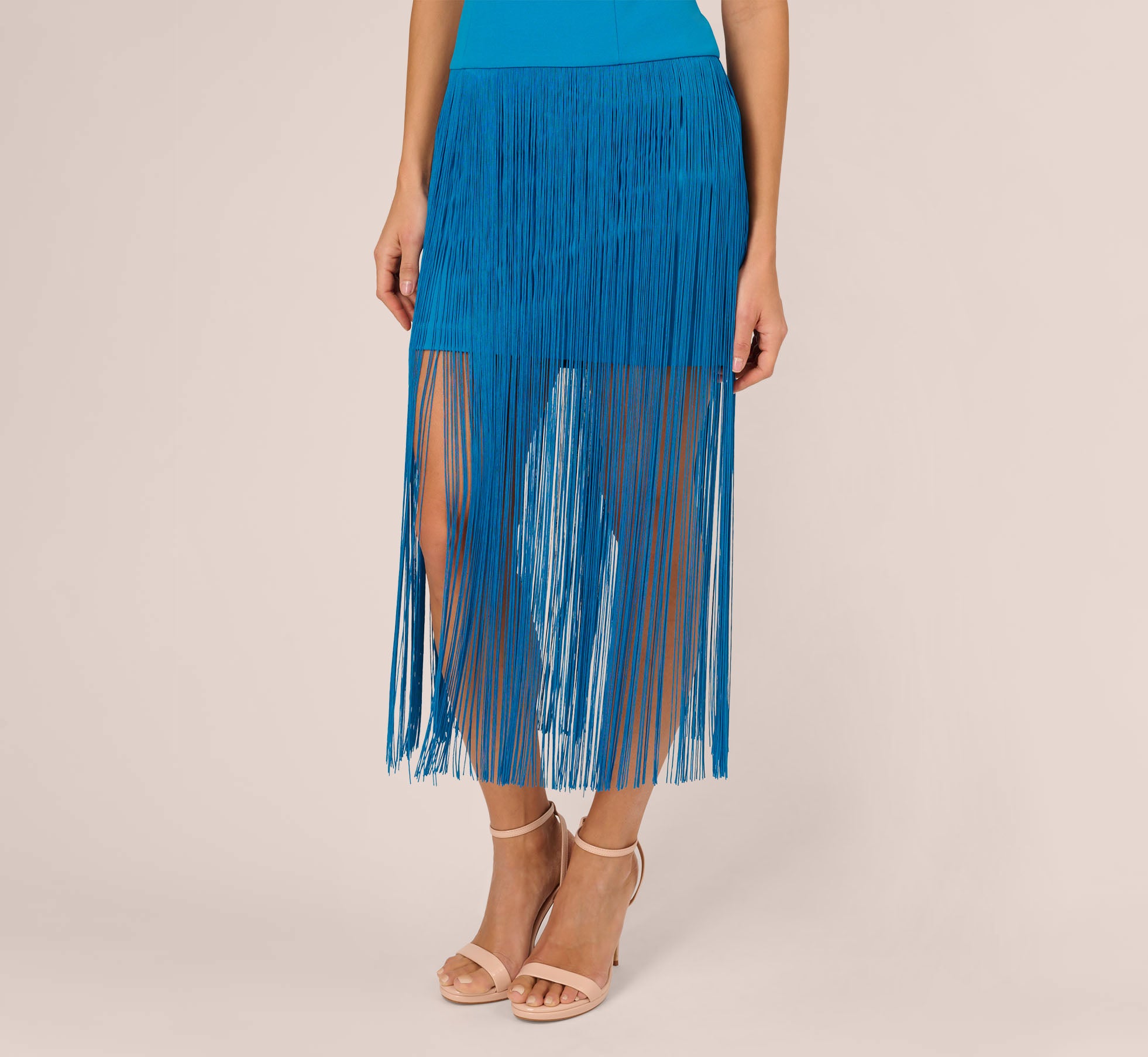 Crepe Fringe Dress With Double Spaghetti Straps And V Back In Deep Cerulean、mySite、solidvoid
