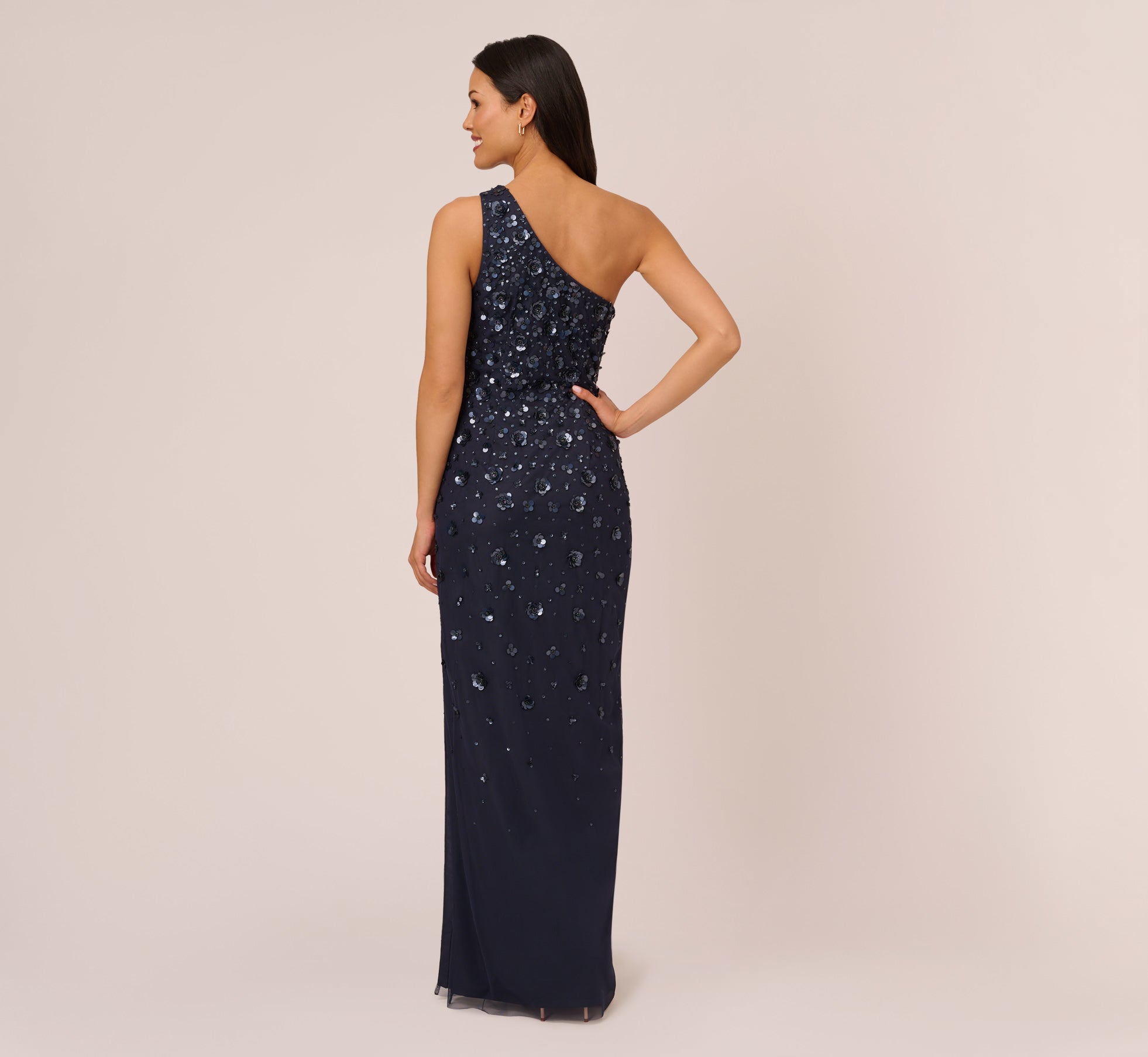 3D Floral Hand-Beaded One-Shoulder Long Column Gown In Dusty Navy、mySite、solidvoid
