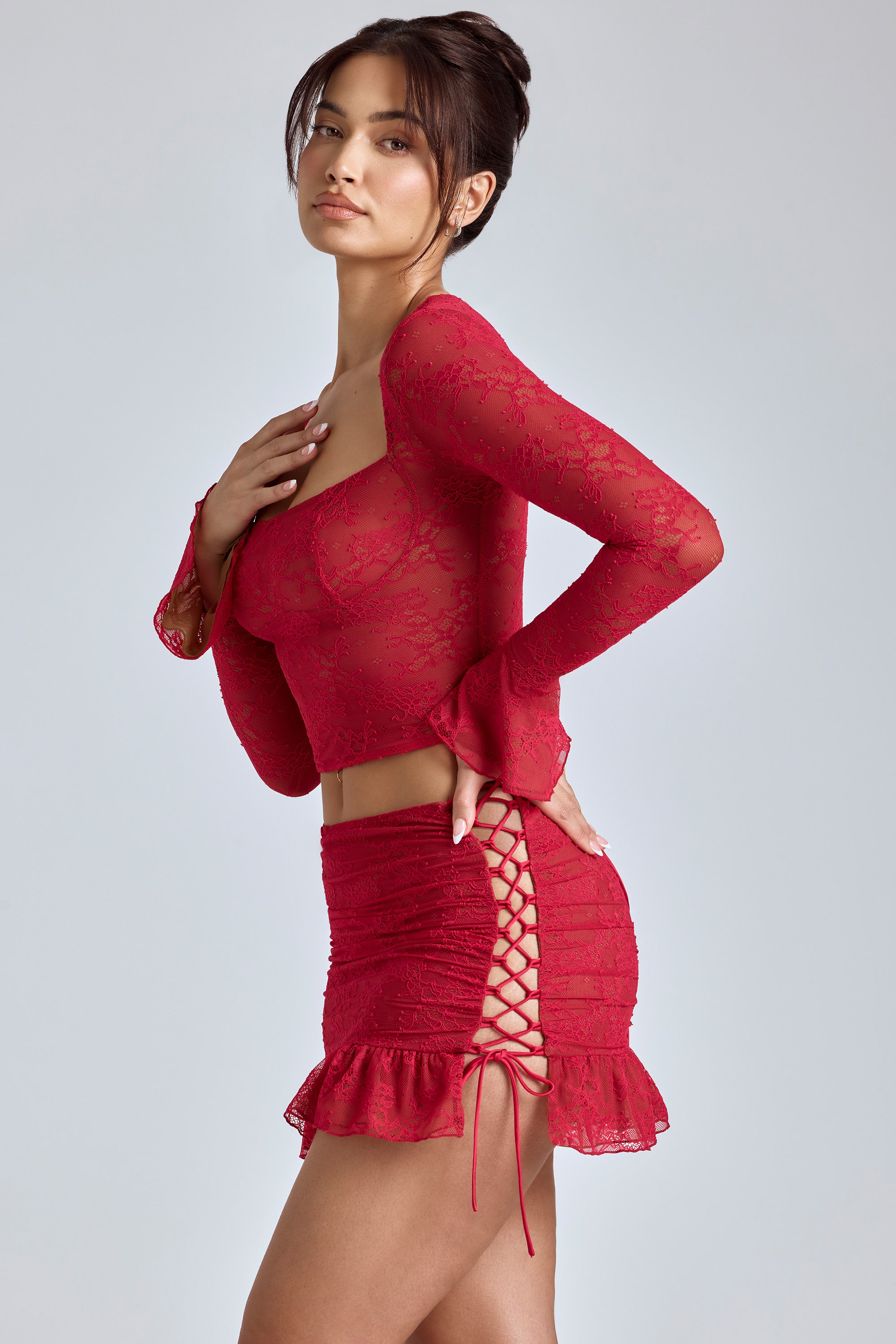 Lace Ruffle Mini Skirt in Cherry Red、mySite、solidvoid