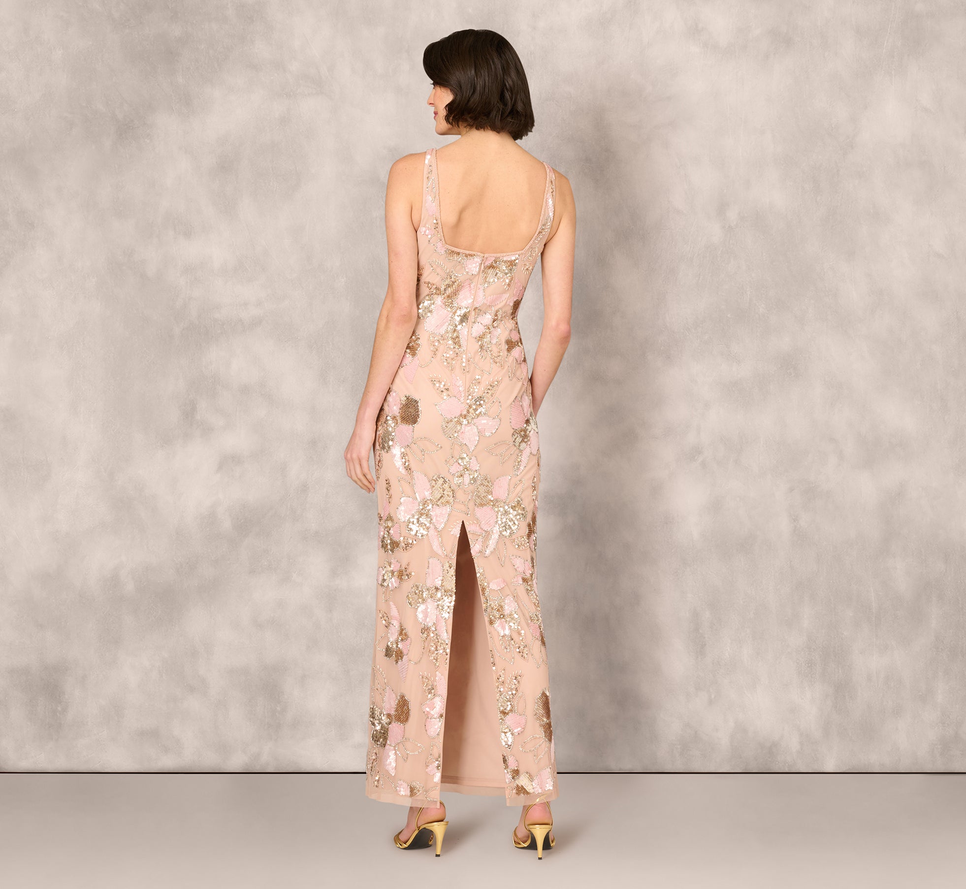 Sleeveless Square Neck Floral Beaded Column Gown In Pink、mySite、solidvoid