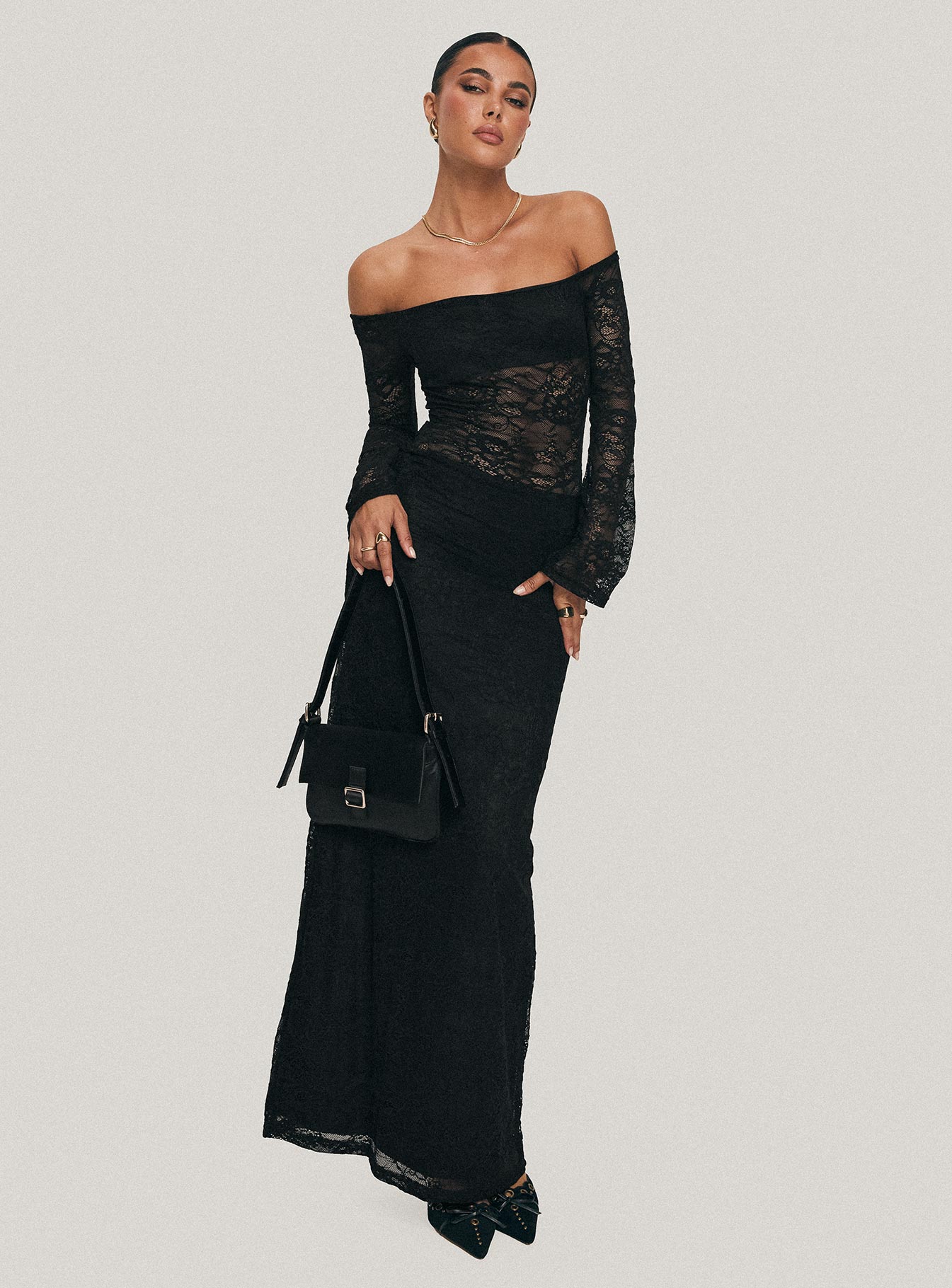 Pinot Grigio Long Sleeve Lace Maxi Dress Black、mySite、solidvoid