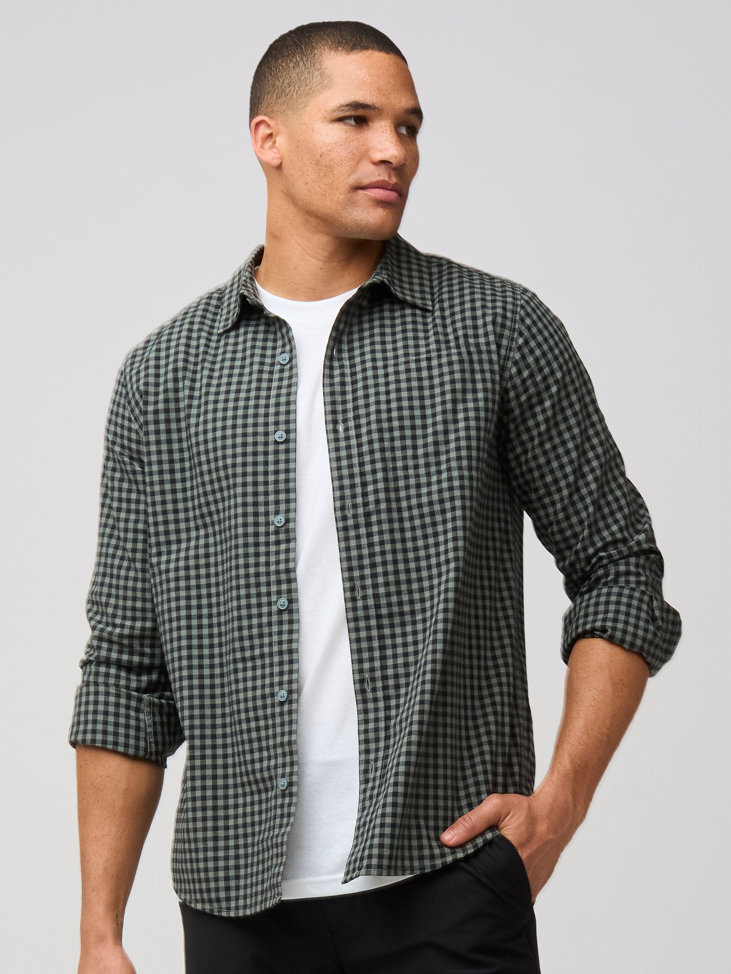  Black + Mercury Green Gingham Long Sleeve Button Up、mySite、ghnorth