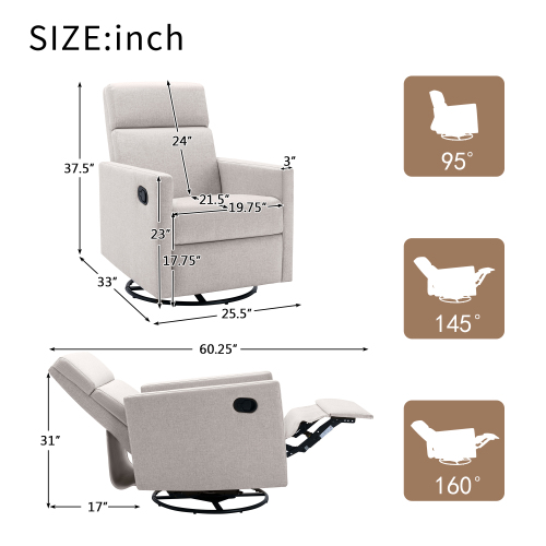 Modern Upholstered Rocker Nursery Chair Plush Seating Glider Swivel Recliner Chair, Gray、、casual
