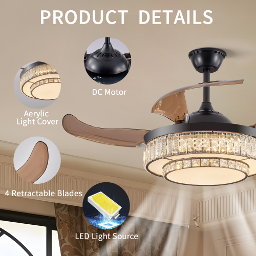 42" Retractable Ceiling Fan with Light, Modern LED Chandelier Fan with Remote Control, 6 Speed Adjustable Blades, Quiet DC Motor, Dimmable Lighting for Living Room, Bedroom, Dining Room、、eastwooduniform