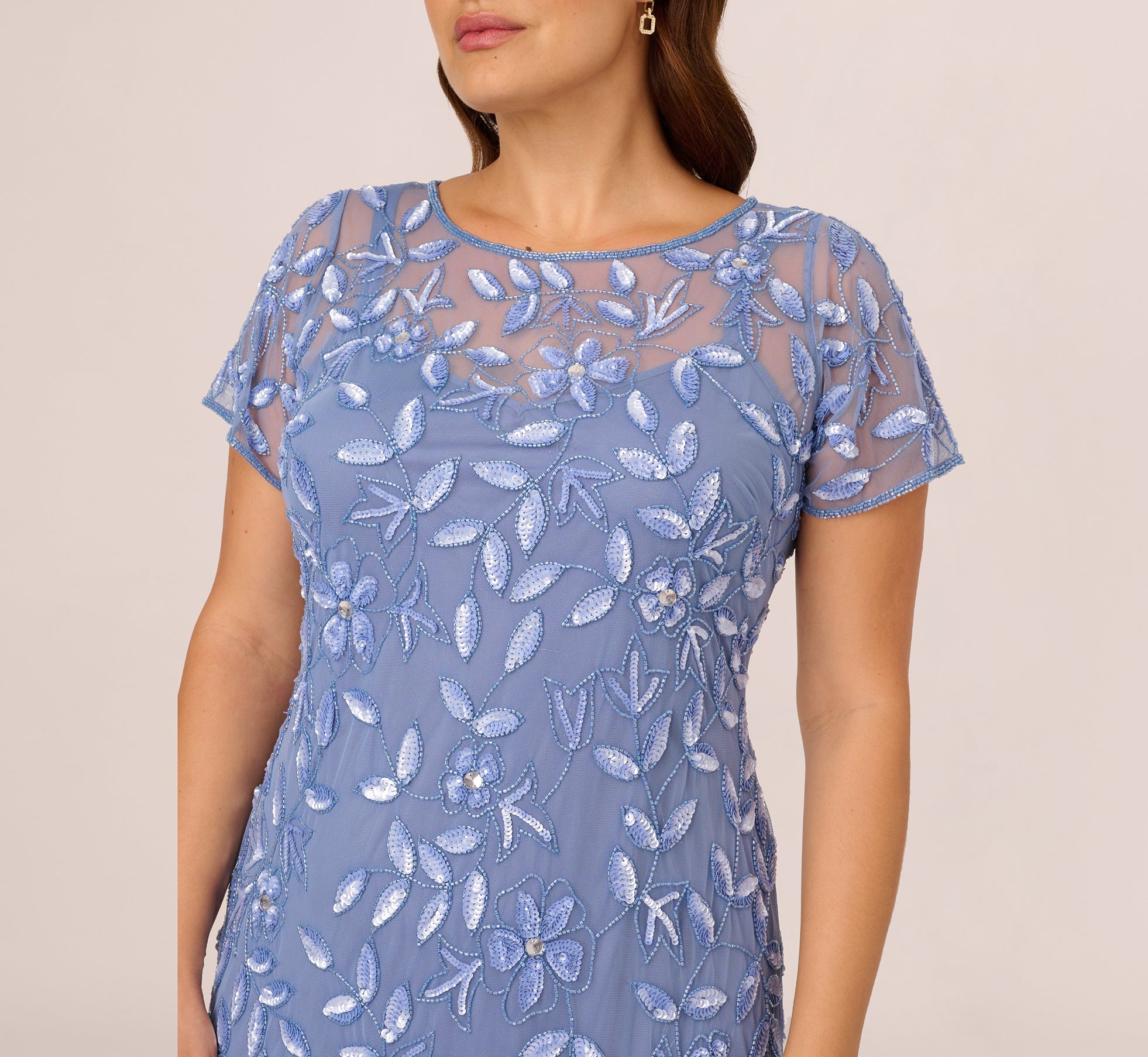 Plus Size Hand Beaded Short Sleeve Floral Godet Gown In French Blue、mySite、solidvoid