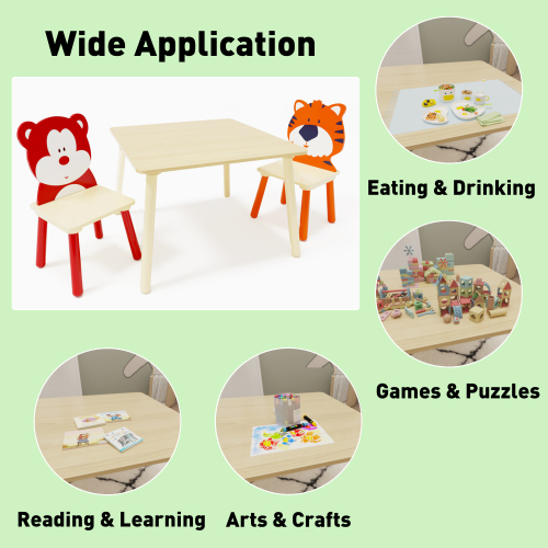 Kids Table and 2 Chairs Set, 3 Pieces Toddler Table and Chair Set, Wooden Activity Play Table Set (Lion&Monkey)、、casual