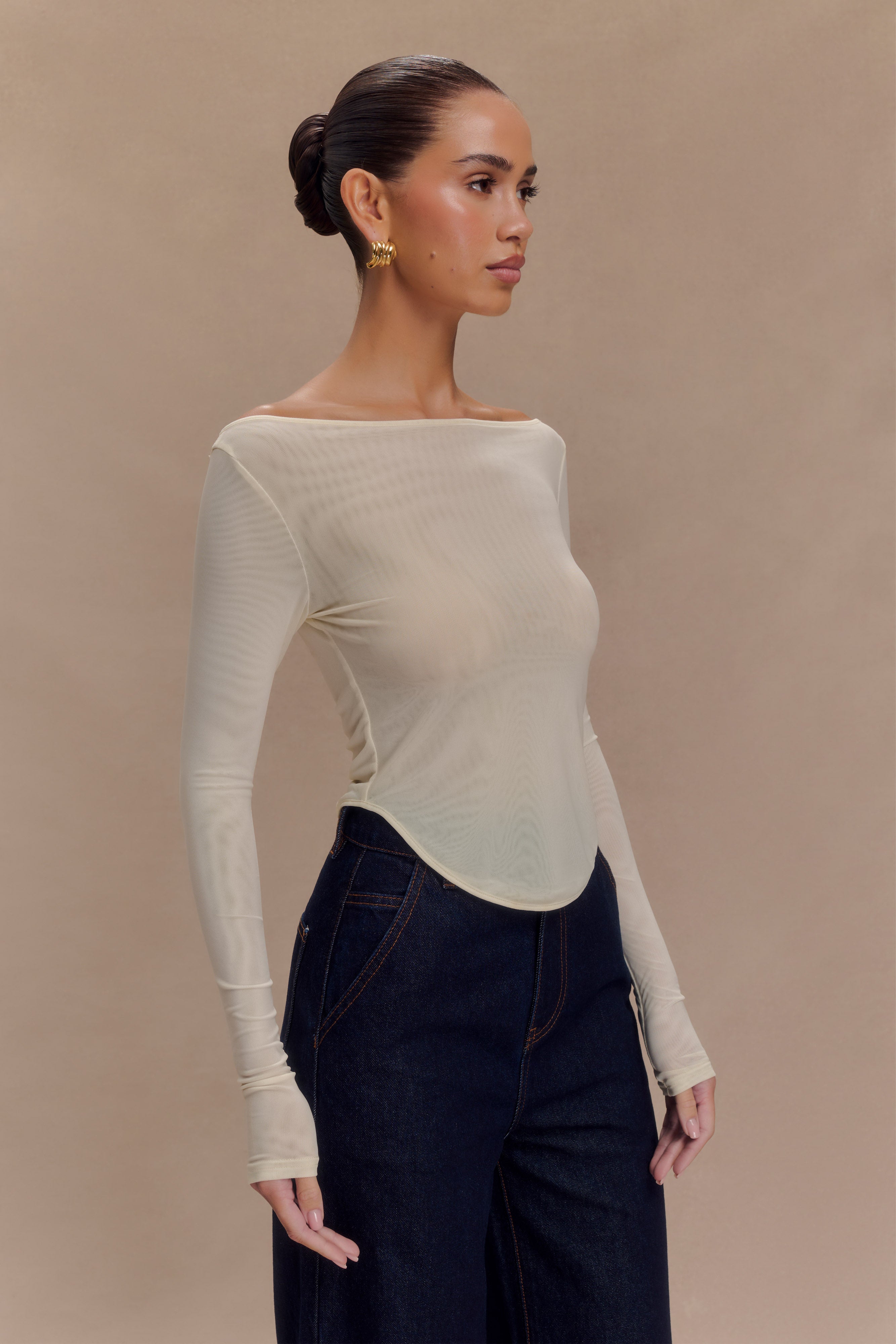 Colette Boat Neck Mesh Top - Ivory、mySite、solidvoid