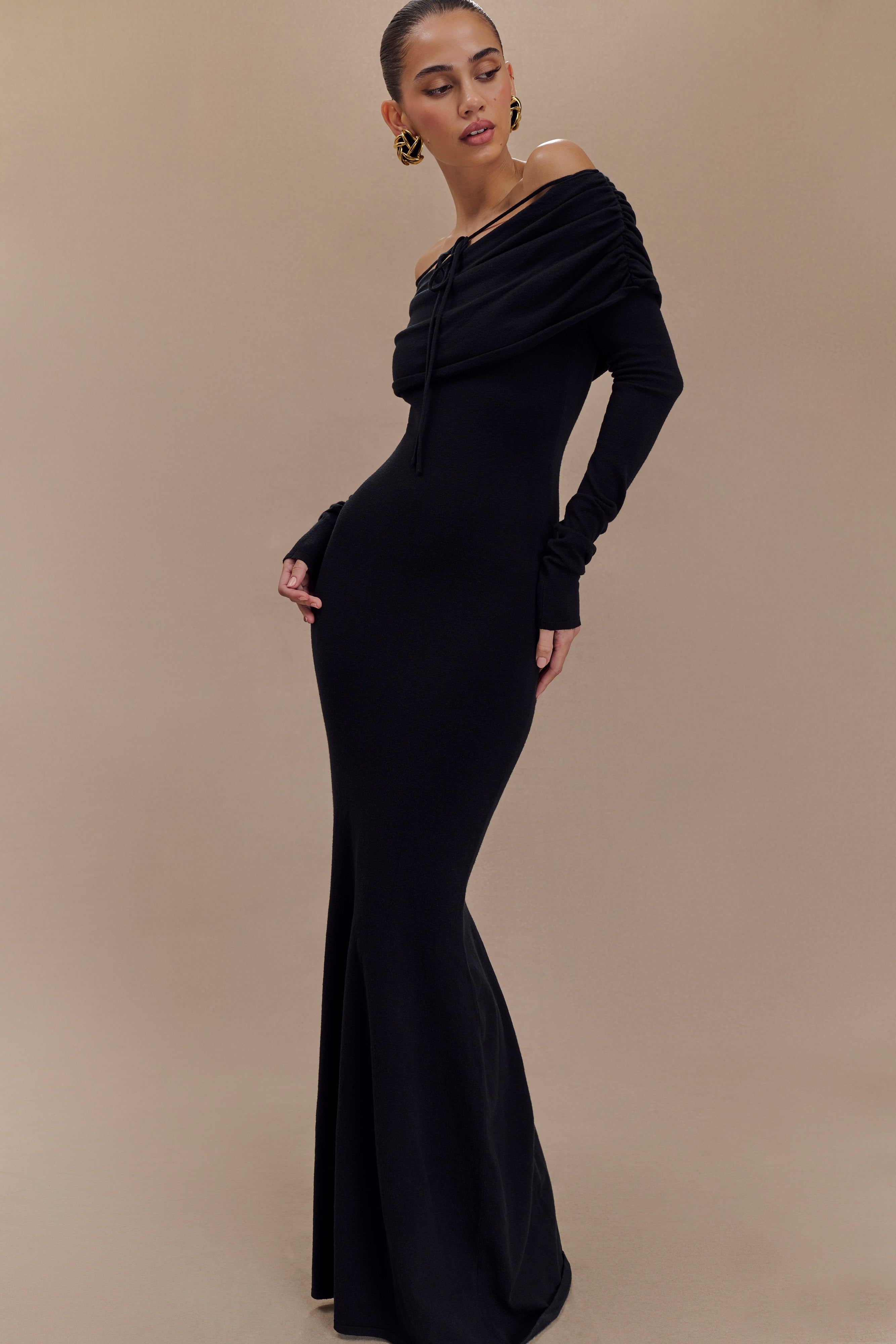 Georgiana Off Shoulder Knit Midi Dress - Black、mySite、solidvoid