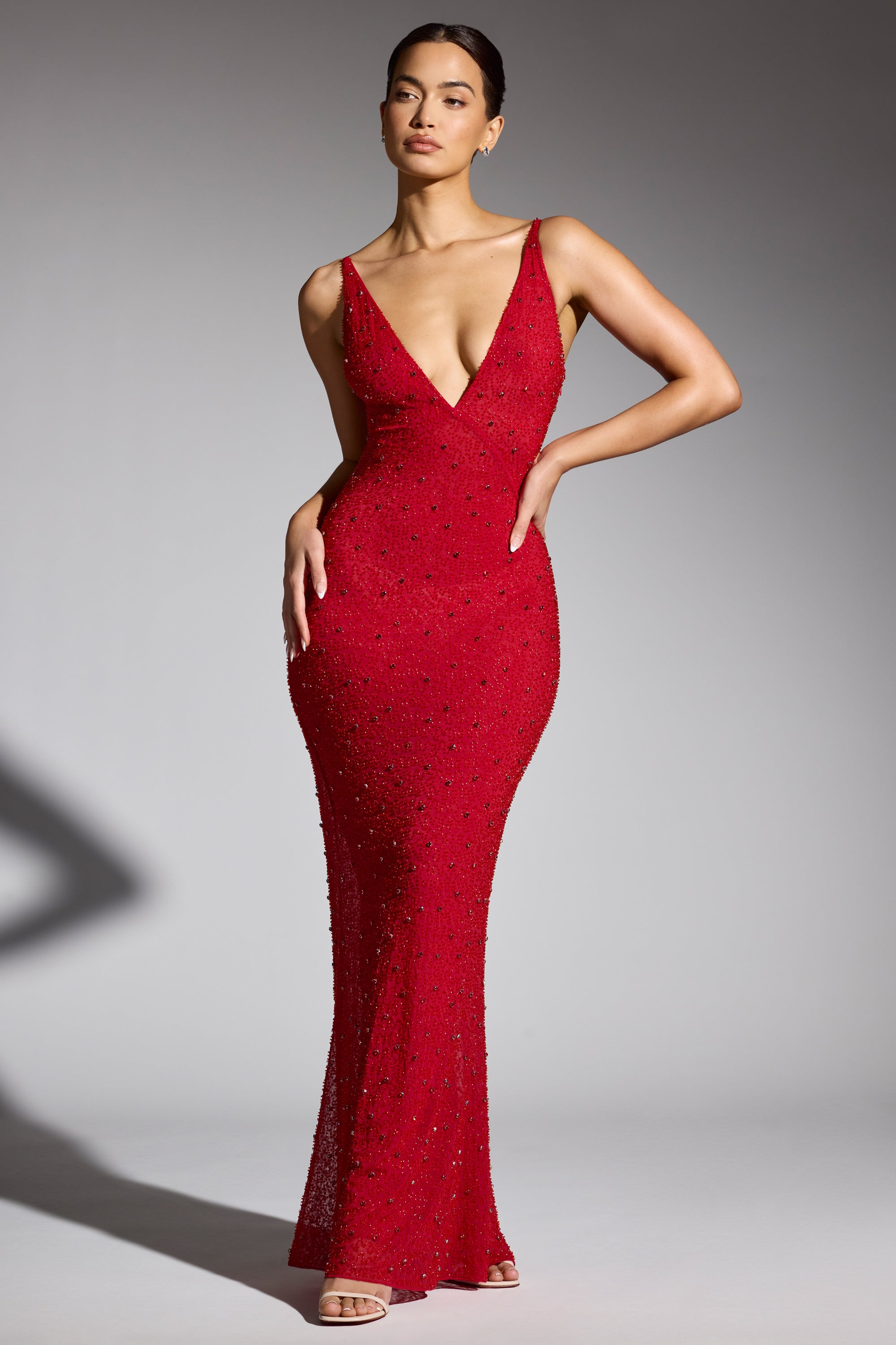 Embellished Plunge Neck Evening Gown in Red、mySite、solidvoid