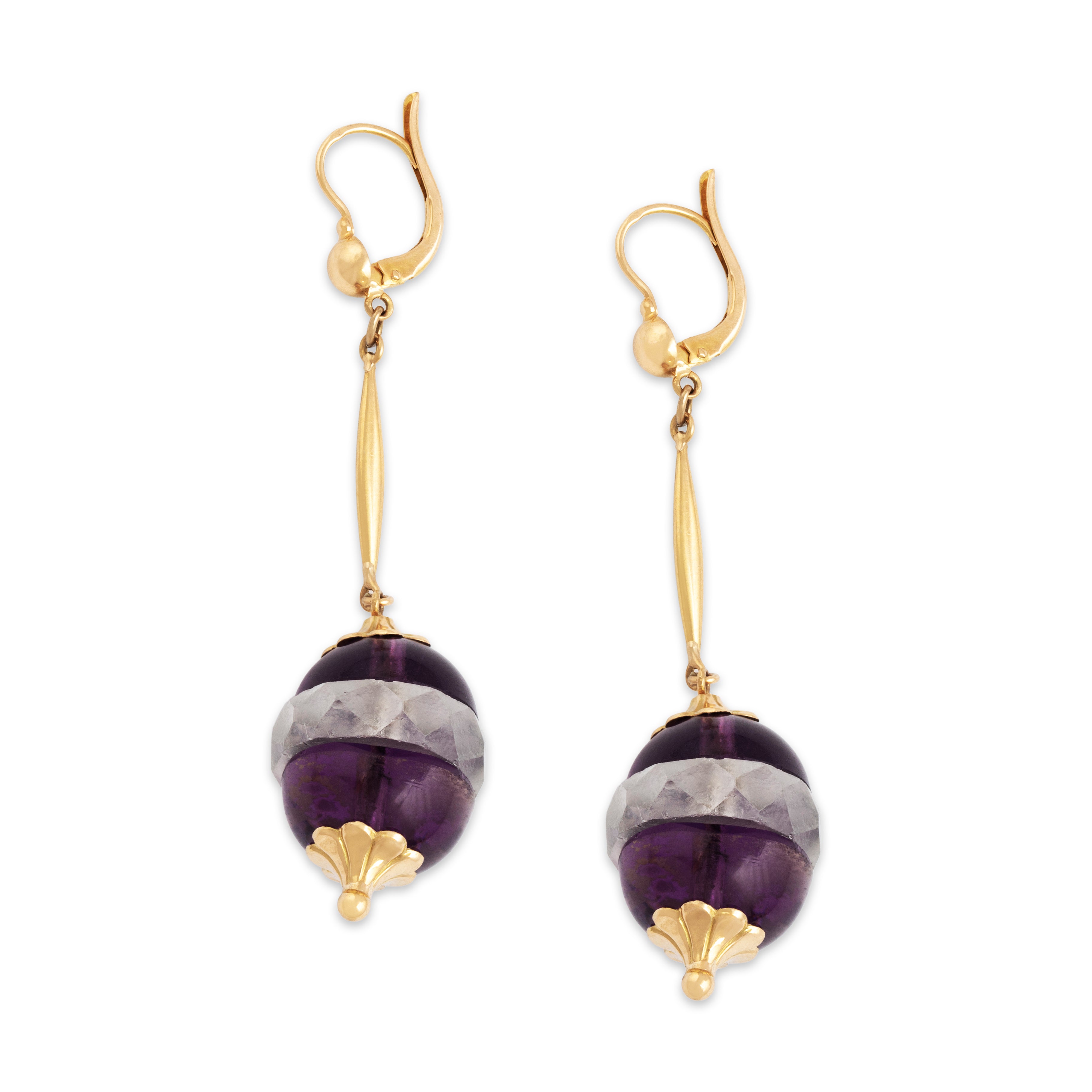 Vintage Large 18k Yellow Gold Purple & Translucent Glass Bauble Dangle Earrings、mySite、hinf8tx79