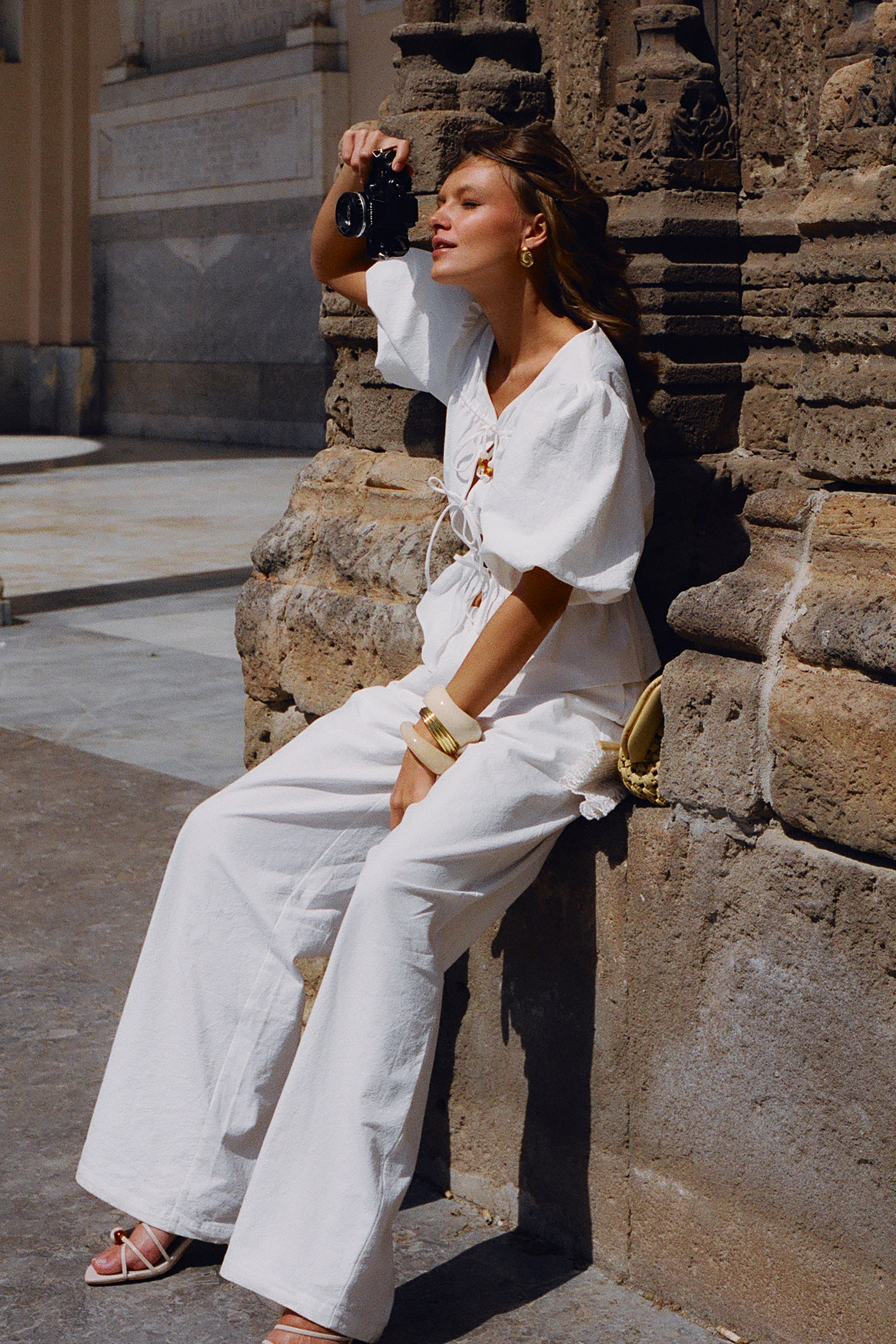 Janayia Cotton Wide Leg Pants - White、mySite、solidvoid
