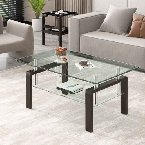 Tempered Black Glass Coffee Table, 2-Layers Tea Table、、casual