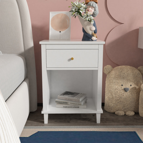 26.77''H Wooden Nightstand with One Drawer One Shelf for Kids, Adults, White+Golden handle、、casual