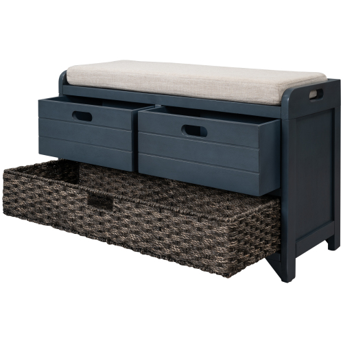 TREXM Storage Bench with Removable Basket and 2 Drawers, Fully Assembled Shoe Bench with Removable Cushion (Navy)、、casual