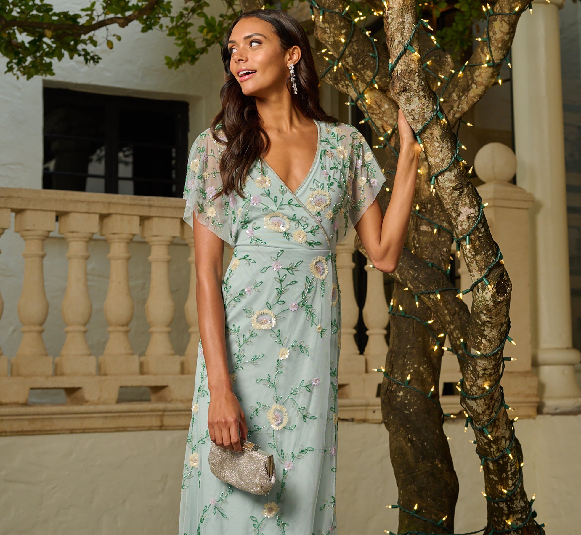 Flutter Sleeve Beaded Wrap Dress In Aqua Dust、mySite、solidvoid