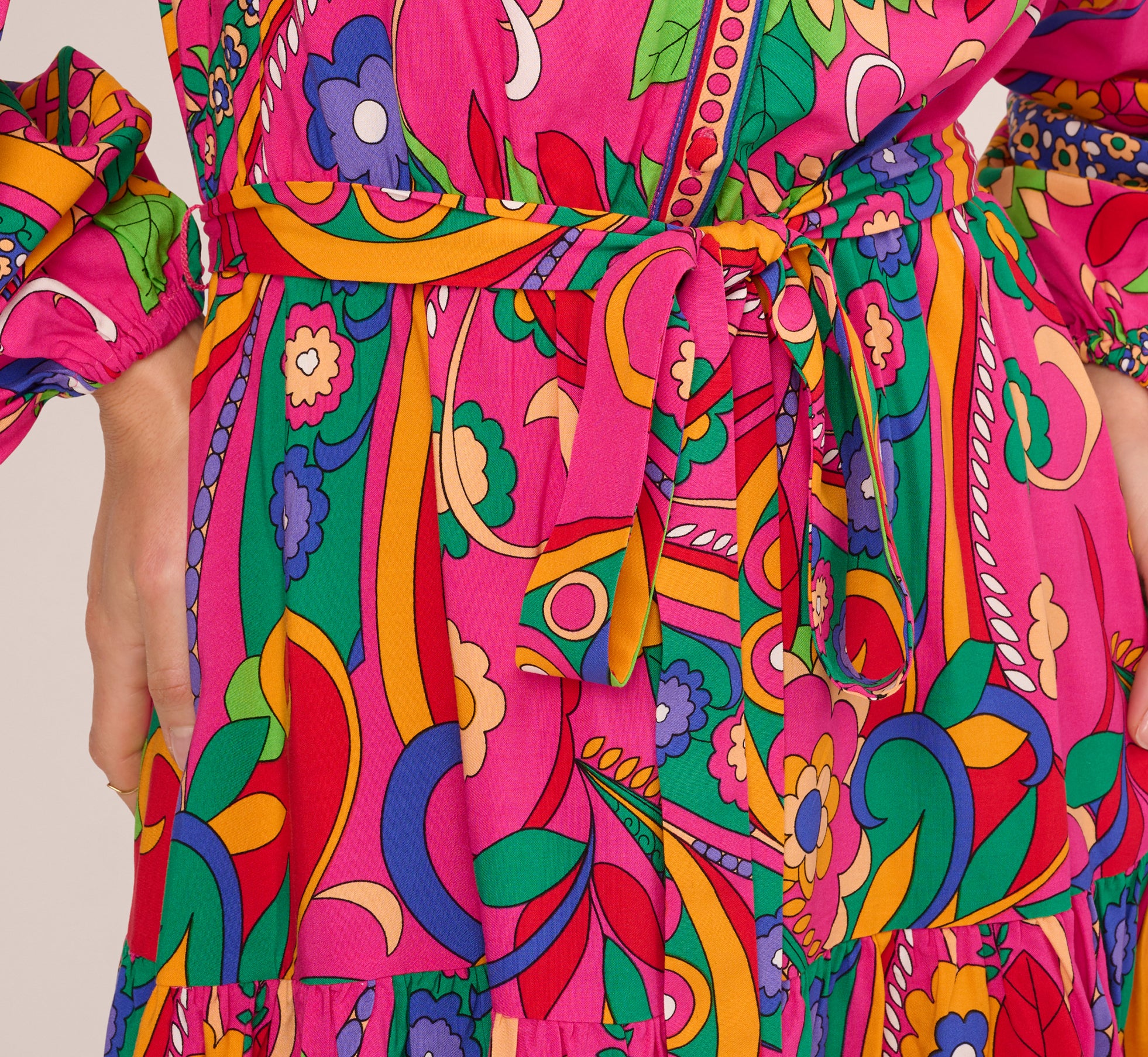 Long Sleeve Retro Printed A Line Dress In Pink Multi、mySite、solidvoid