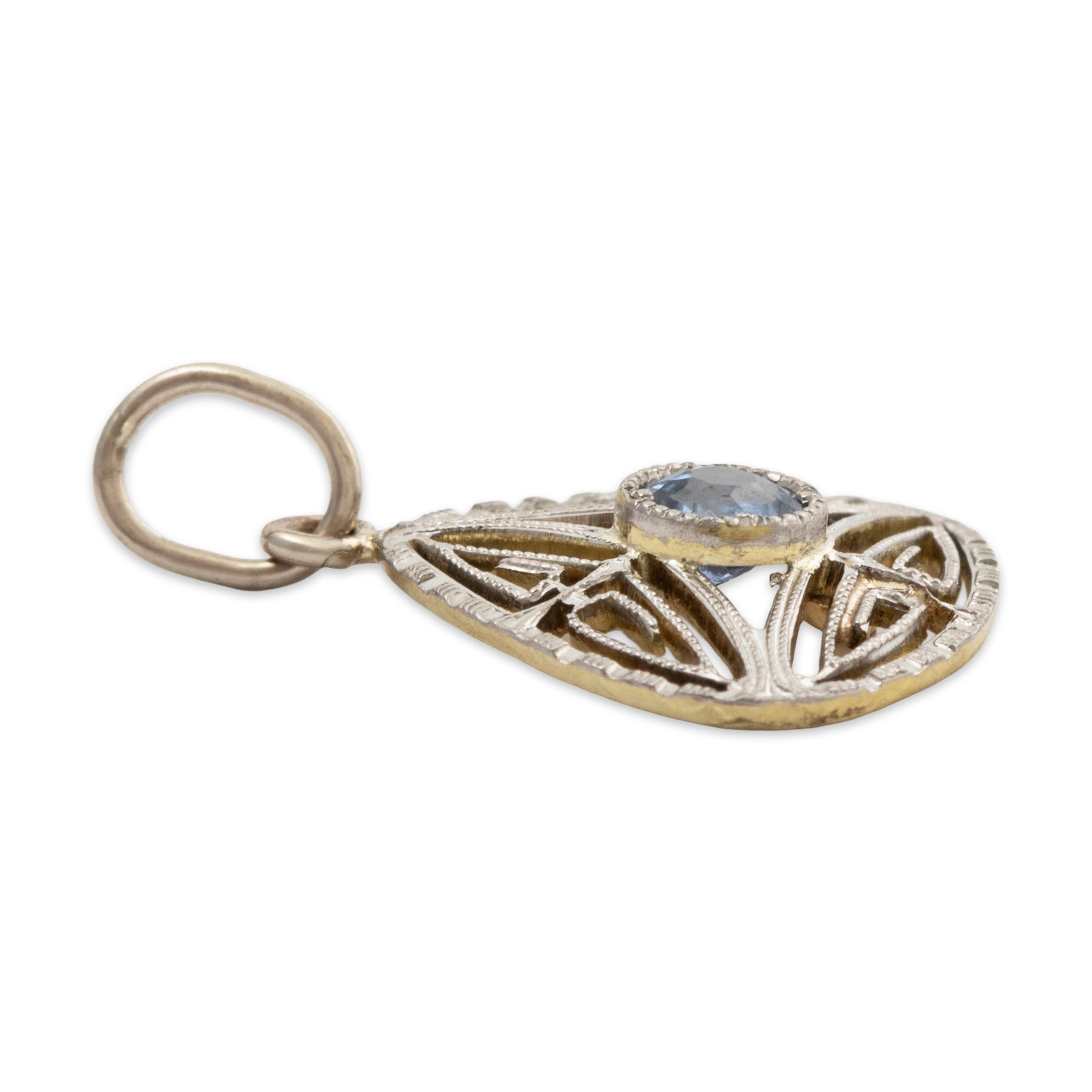 Antique Art Deco 14k White & Yellow Gold Synthetic Sapphire Triangular Pendant、mySite、hinf8tx79