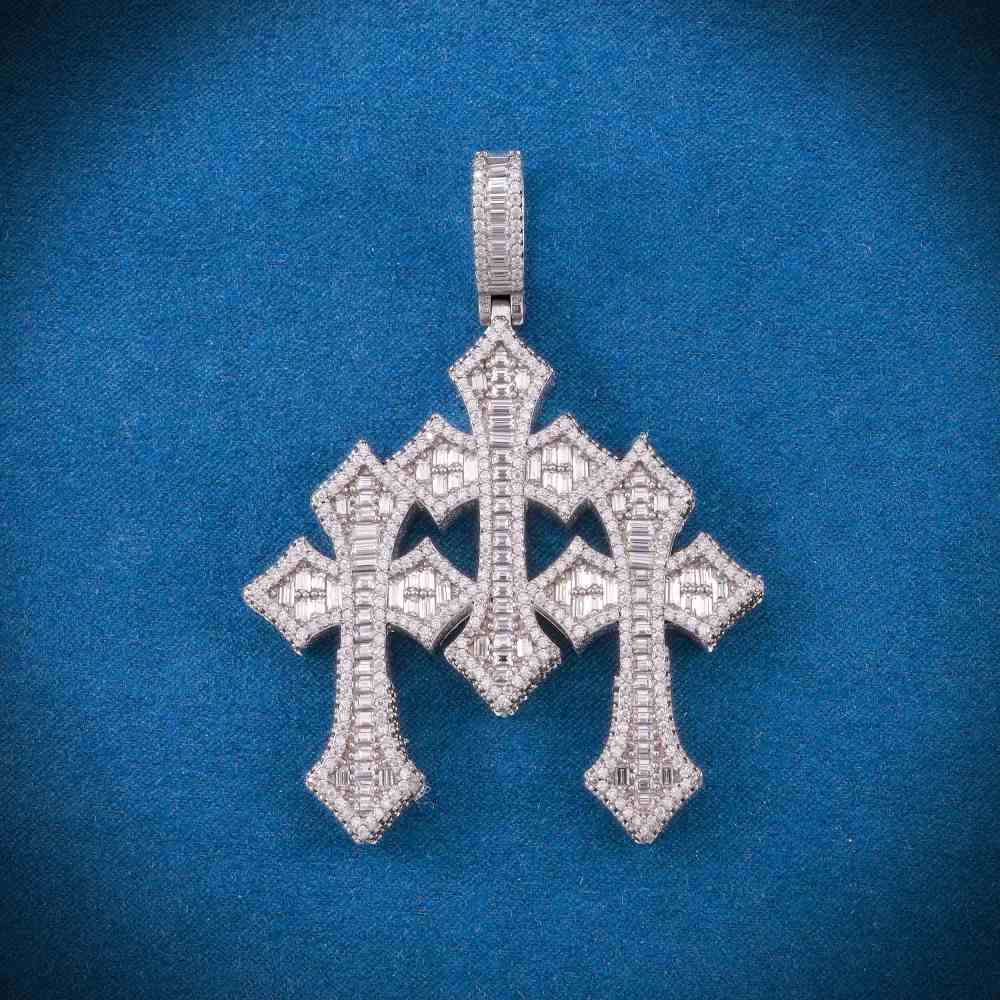 Baguette Moissanite Triple Ornamental Cross Pendant 14K Gold、mySite、hinf8tx79