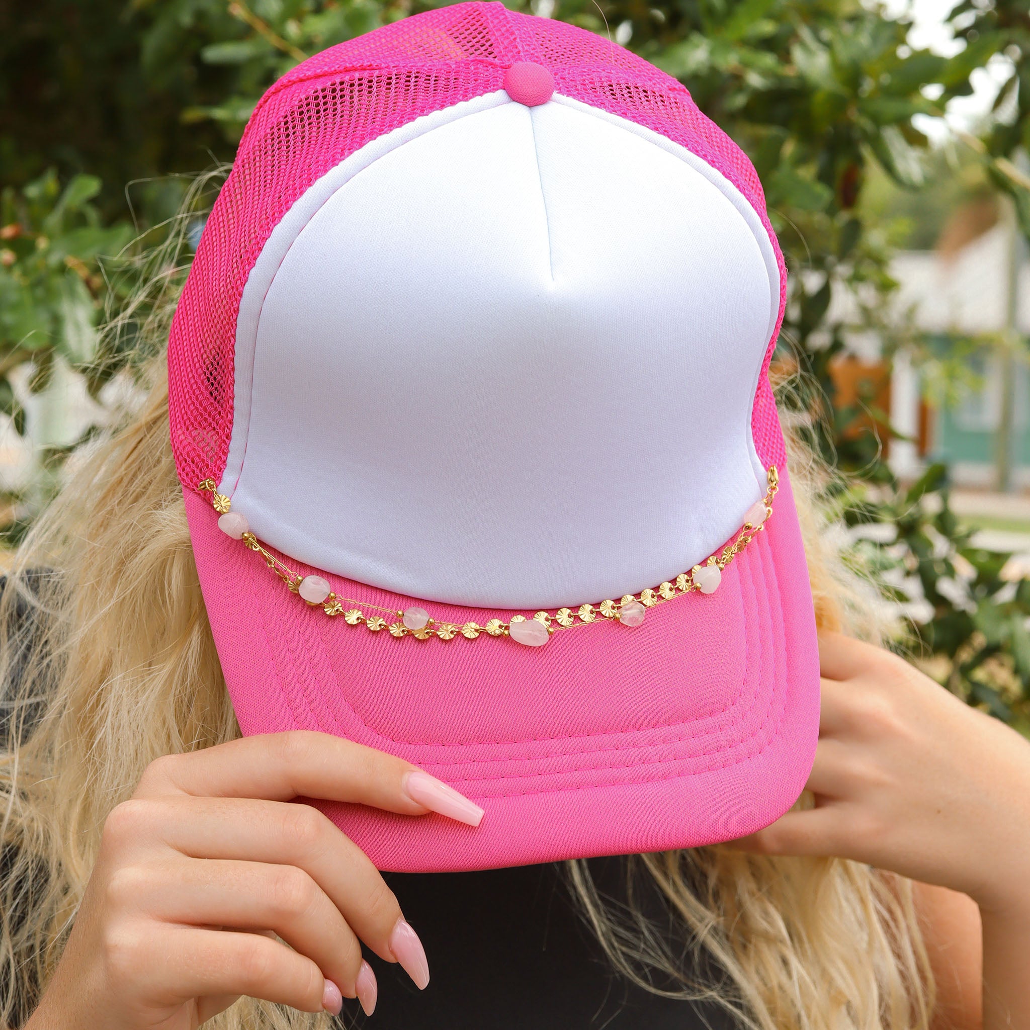 18K Gold PVD Stainless Steel Crimped Oval & Crystal Stone Layered Trucker Hat Chain / CHN0031、mySite、dreamappss