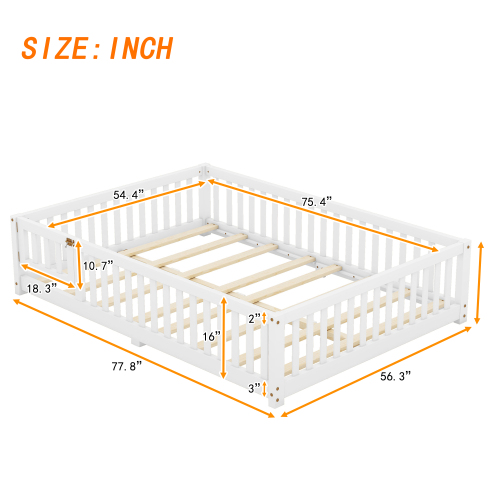 Twin Size Bed Floor Bed with Safety Guardrails and Door for Kids, Natural(Old SKU: W158090686)、、casual