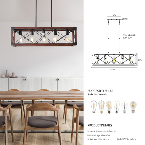 (Same as W1340P155968/L1011-RW) 32" Red Wood Industrial Farmhouse Rectangle Pendant Light, 5-Light Chandelier for Dining Room, Kitchen Island, Cafe Decor (No Bulbs)、、eastwooduniform