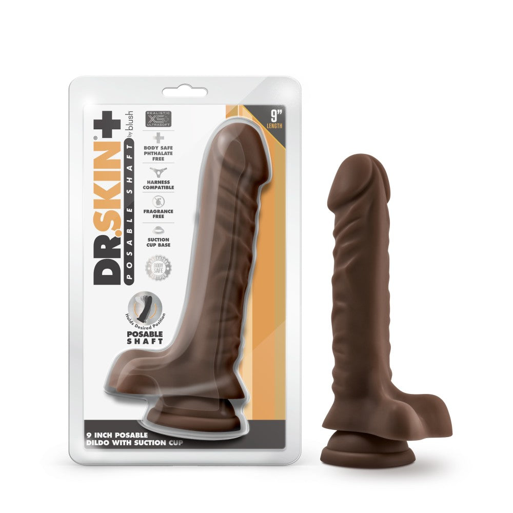 Dr. Skin Plus By Blush® | Realistic Chocolate 9-Inch Long Soft Yet Erect & Posable Dildo With Balls & Suction Cup Base、mySite、bottomscart
