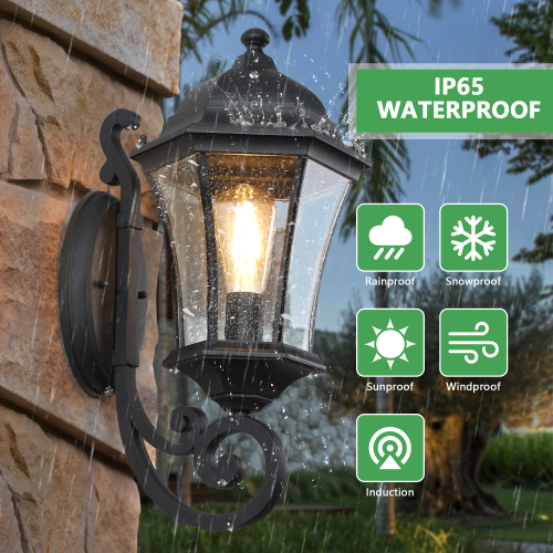 27"(H) 1-Pack Outdoor Wall Lantern with Dusk to Dawn Sensor, Black Weatherrproof Exterior Light Fixture with Clear Bubble Glass, Vintage Wall Sconce for Porch, Patio, Entryway, and Garage (No Bulb)、、eastwooduniform