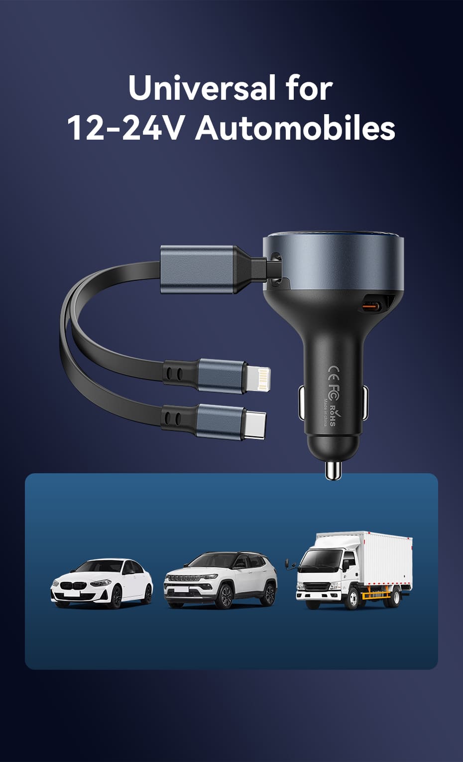 Three-Port USB-C + USB-C/Lightning (30W + 30W/27W) Car Charger