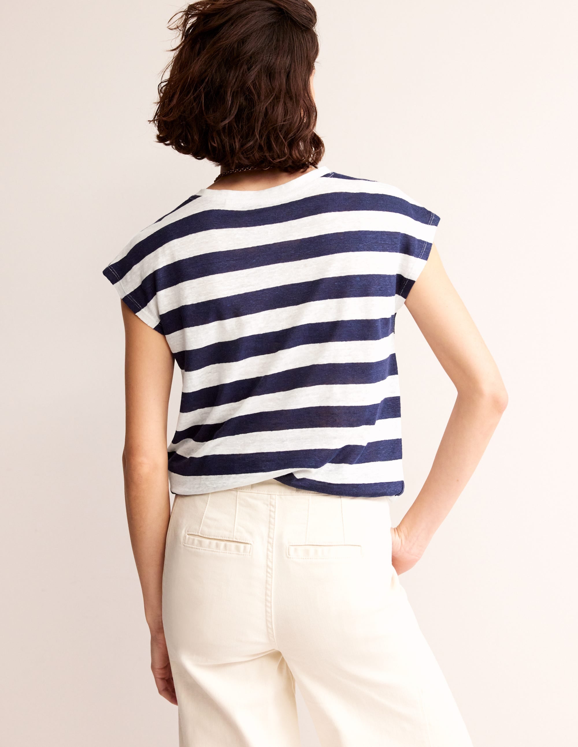  Louisa Crew Neck Linen T-shirt-Navy, Ivory Stripe、mySite、ashleygrahame