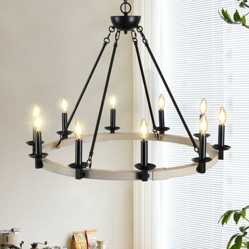 32" Rustic Farmhouse 10-Light Candle Chandelier, Black Metal and Wood Round Hanging Light Fixture for Dining Room, Kitchen, Living Room, Adjustable Height, E12 Bulb Base (No Bulbs)、、eastwooduniform