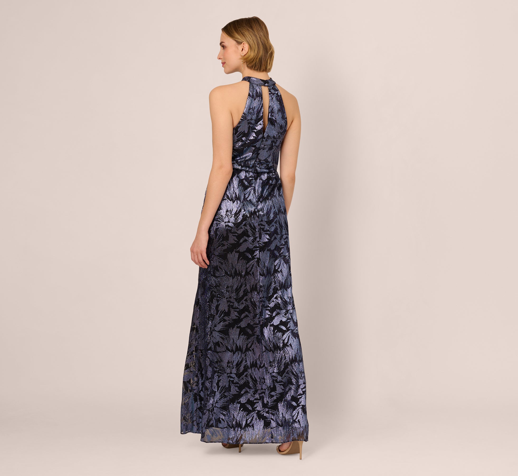 Crinkle Metallic Keyhole Halter Ruffle Gown In Navy、mySite、solidvoid
