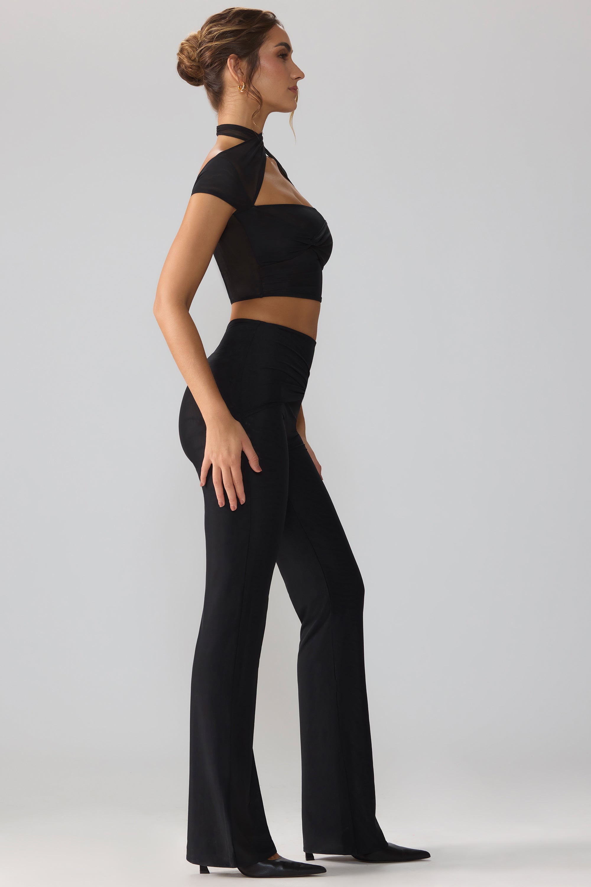 Petite Mesh Mid Rise Twist Overlay Flare Trousers in Black、mySite、solidvoid