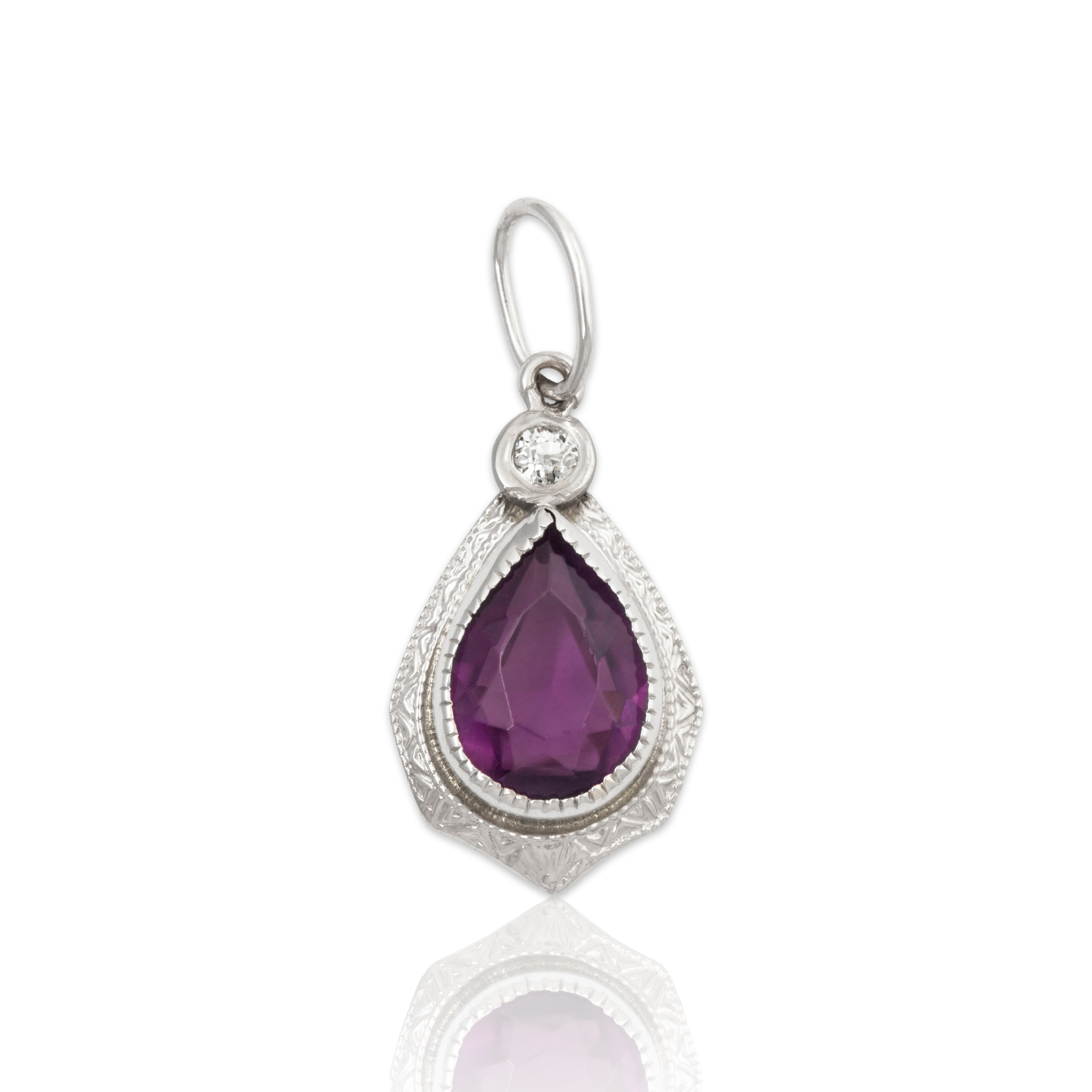 Antique 10k White Gold Purple Glass Old European Diamond Delicate Milgrain Pendant、mySite、hinf8tx79