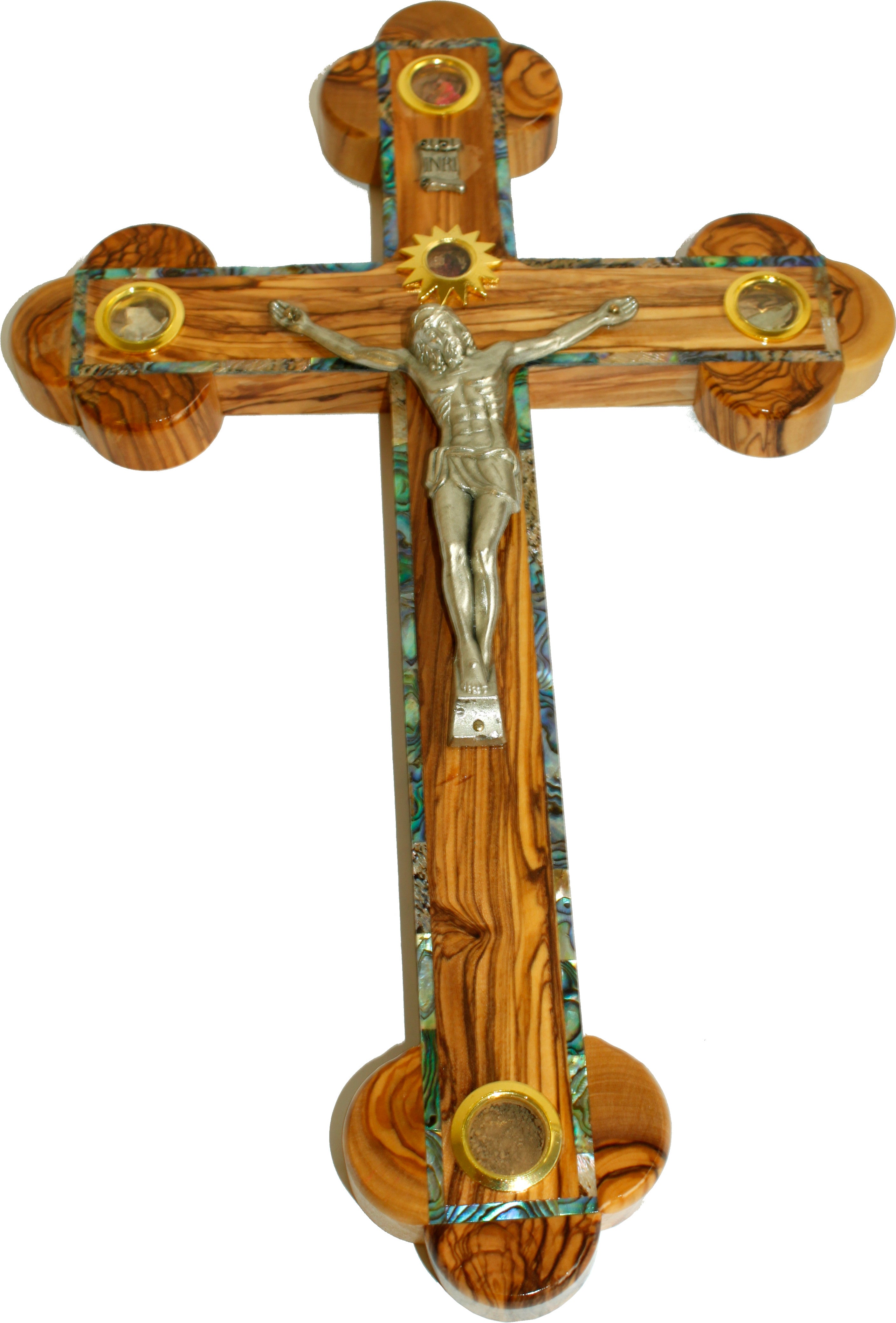  Holy Land Market Large Olive Wood 14 Stations Budded Orthodox Crucifix with 5 Holy Land Samples and Mother of Pearls Inlay Decoration (38 cm or 15 inches)、mySite、elrpsem3k