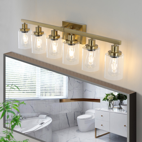 24" Golden 4-Light Vanity Light with Clear Glass Shades, Modern Iron Metal Bathroom Wall Fixture for Mirror, Ideal for Bathroom and Dressing Table (No Bulbs)、、eastwooduniform