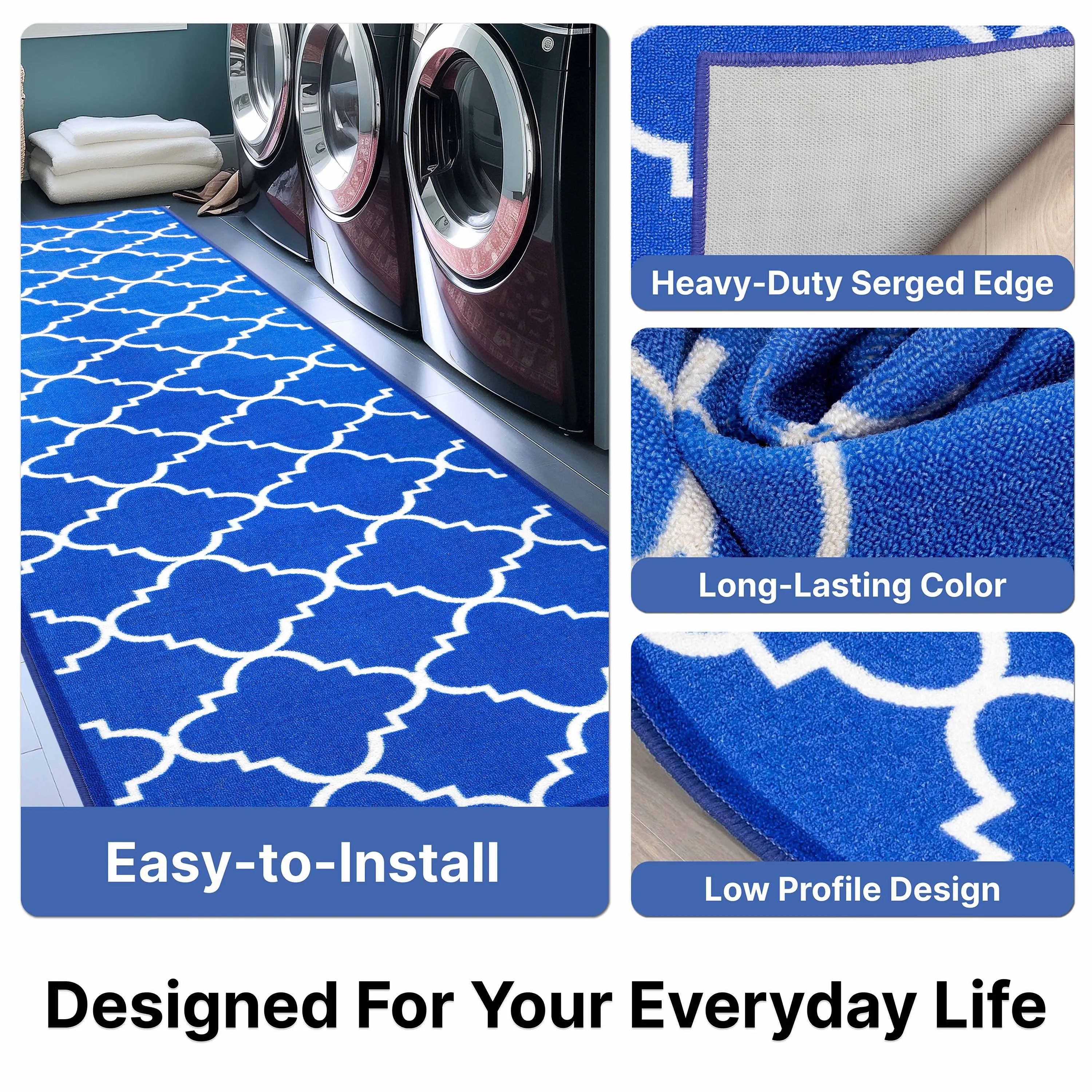 Brooklyn Trellis Custom Size Runner Modern Blue Select Your Width x Choose Your Length Machine Washable Hallway Runner Rug、mySite、gigharbornorthrealestate