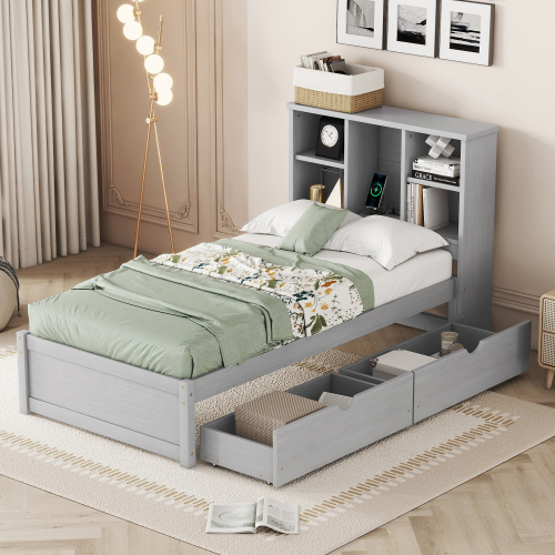 Modern Twin Size Bed Frame With Built-in USB Port on Bookcase Headboard and 2 Drawers for Walnut Color、、xpatfood