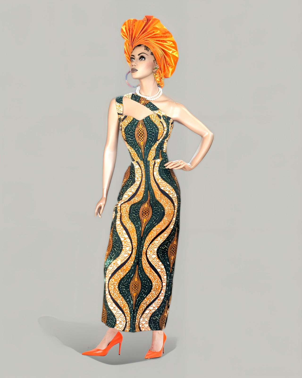 Naija Regalia Elegance Green Orange One-Shoulder Cutout Ankara African Print Dress-DP65OGD、mySite、solidvoid
