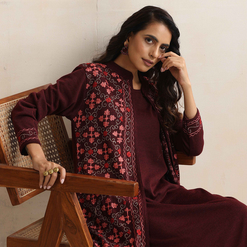 Woolen Kurta Set For Women | Kurta, Pyjama & Jacket | Embroidered | Purple、mySite、camillekostekn