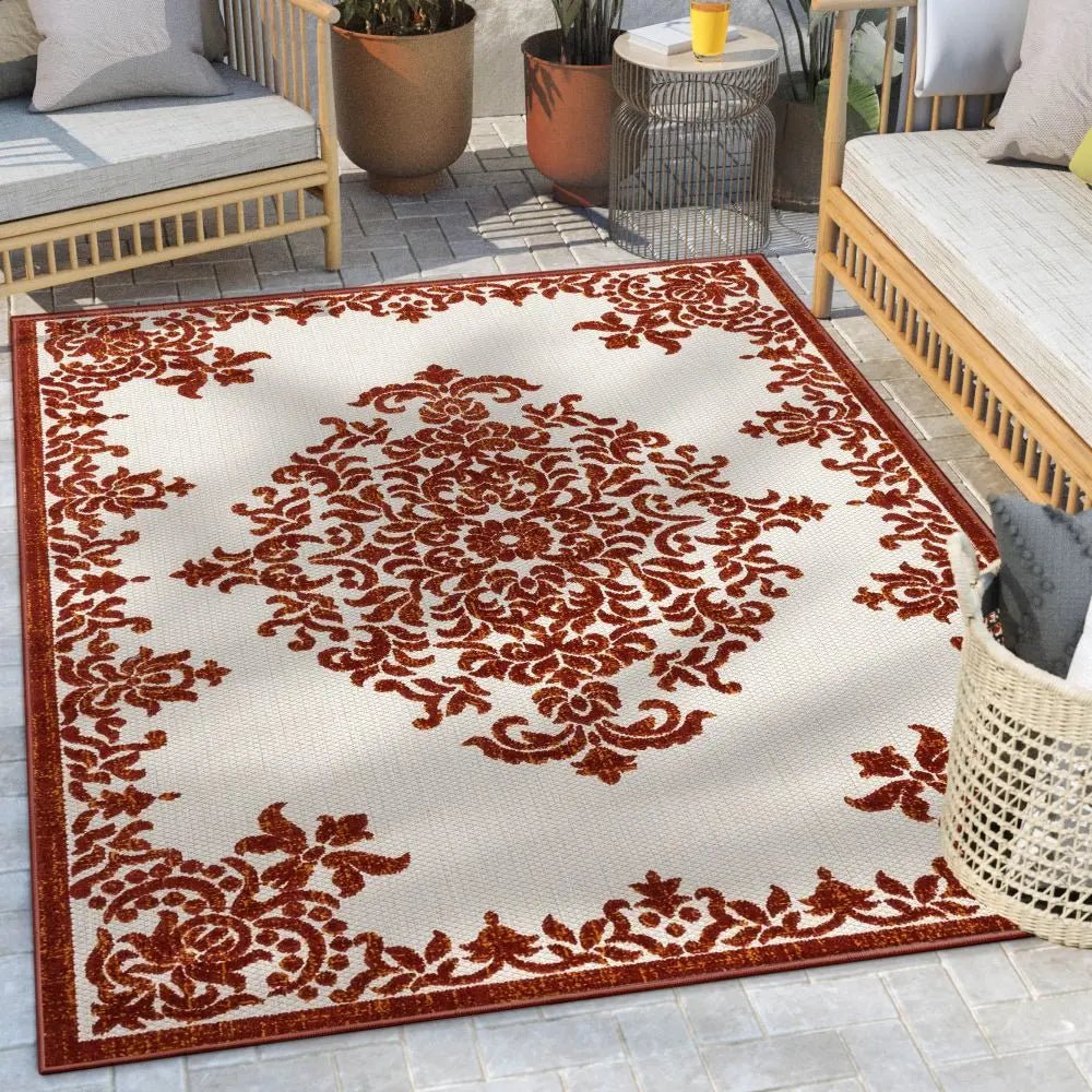 Arid Modern Medallion Persian Indoor/Outdoor Terracotta High-Low Rug、mySite、gigharbornorthrealestate