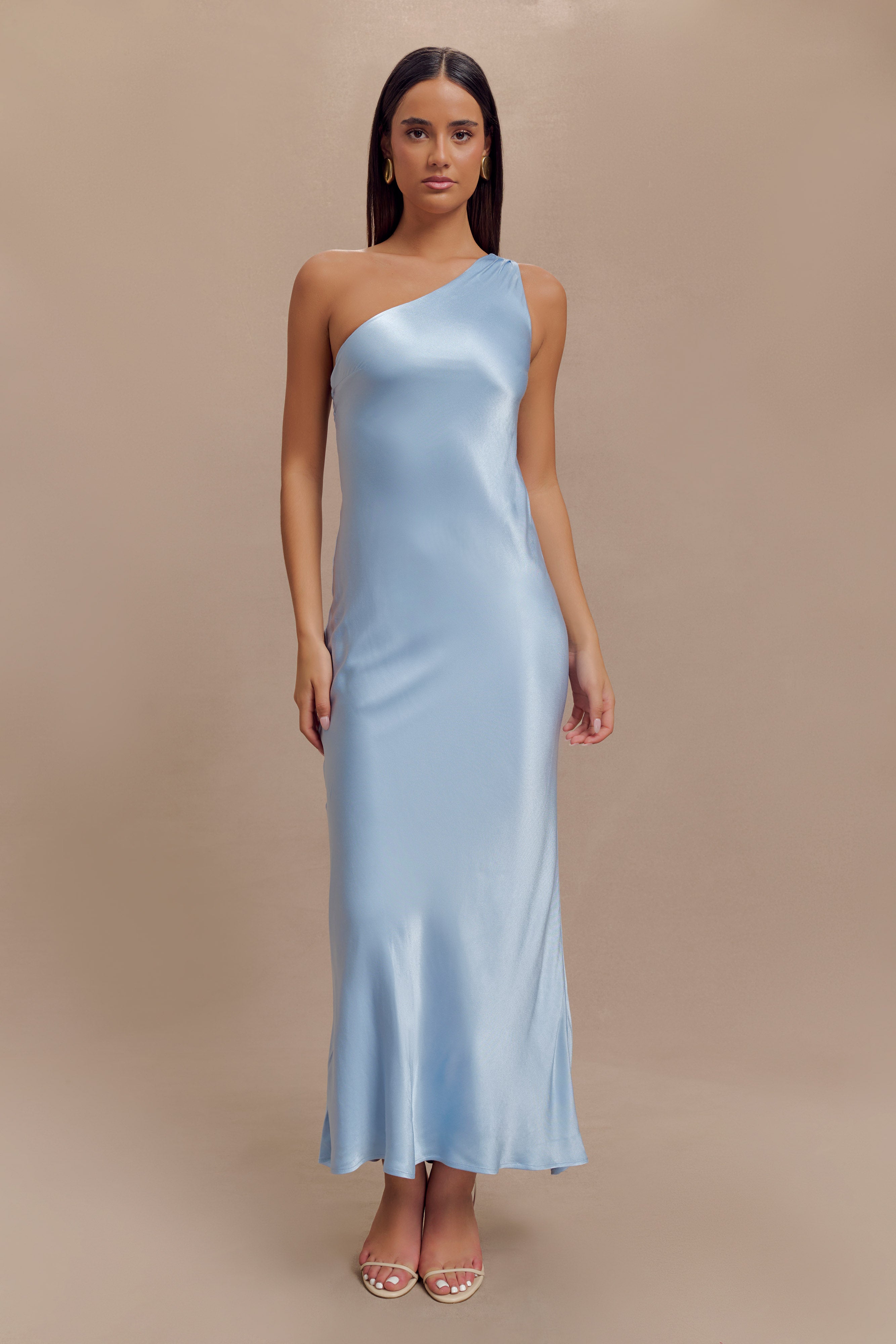 Camille One Shoulder Satin Maxi Dress - Cornflower Blue、mySite、solidvoid