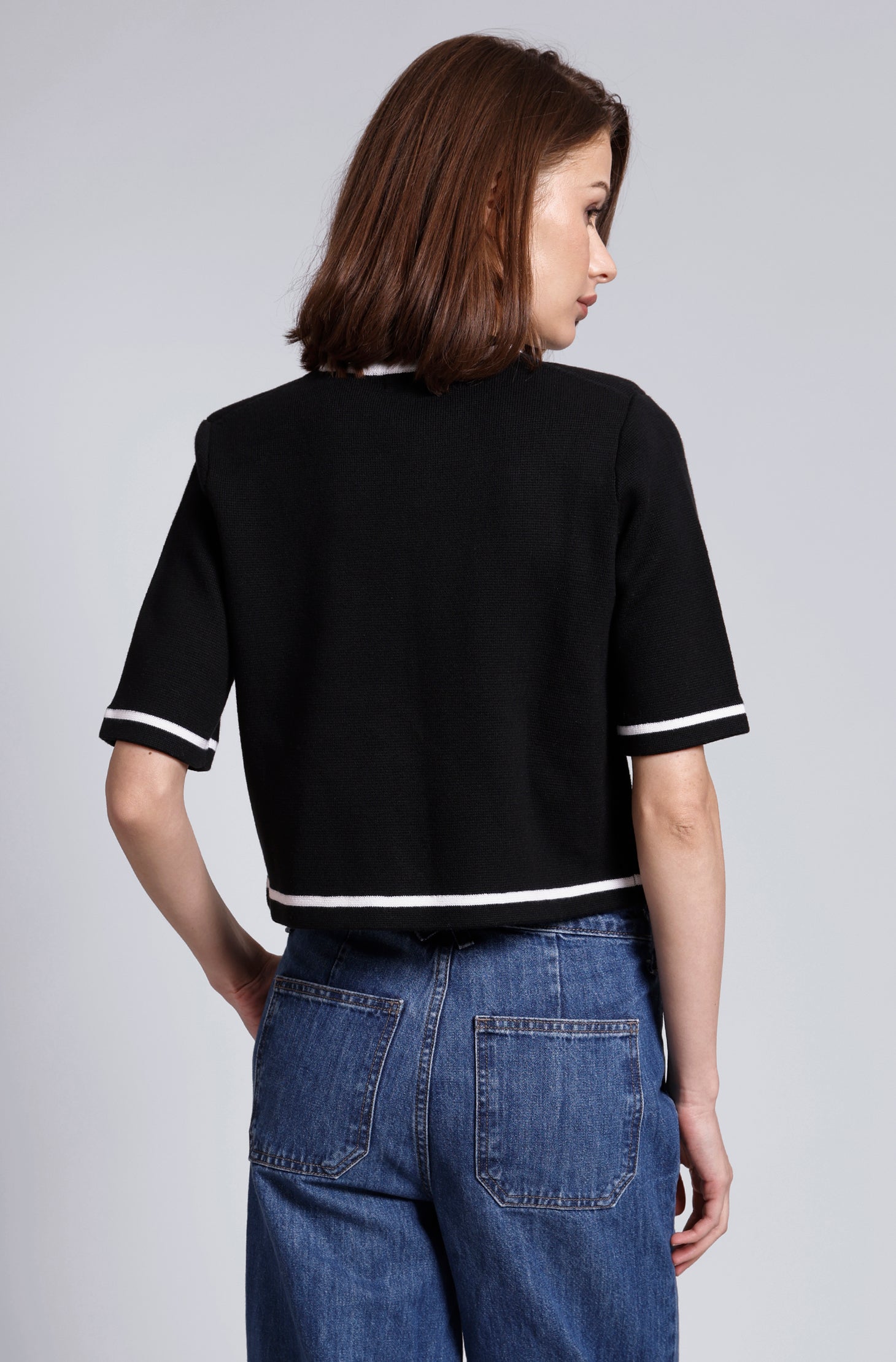 Minnie Rose Cotton Blend Short Sleeve Tipped Cropped Cardigan Jacket、mySite、noshort