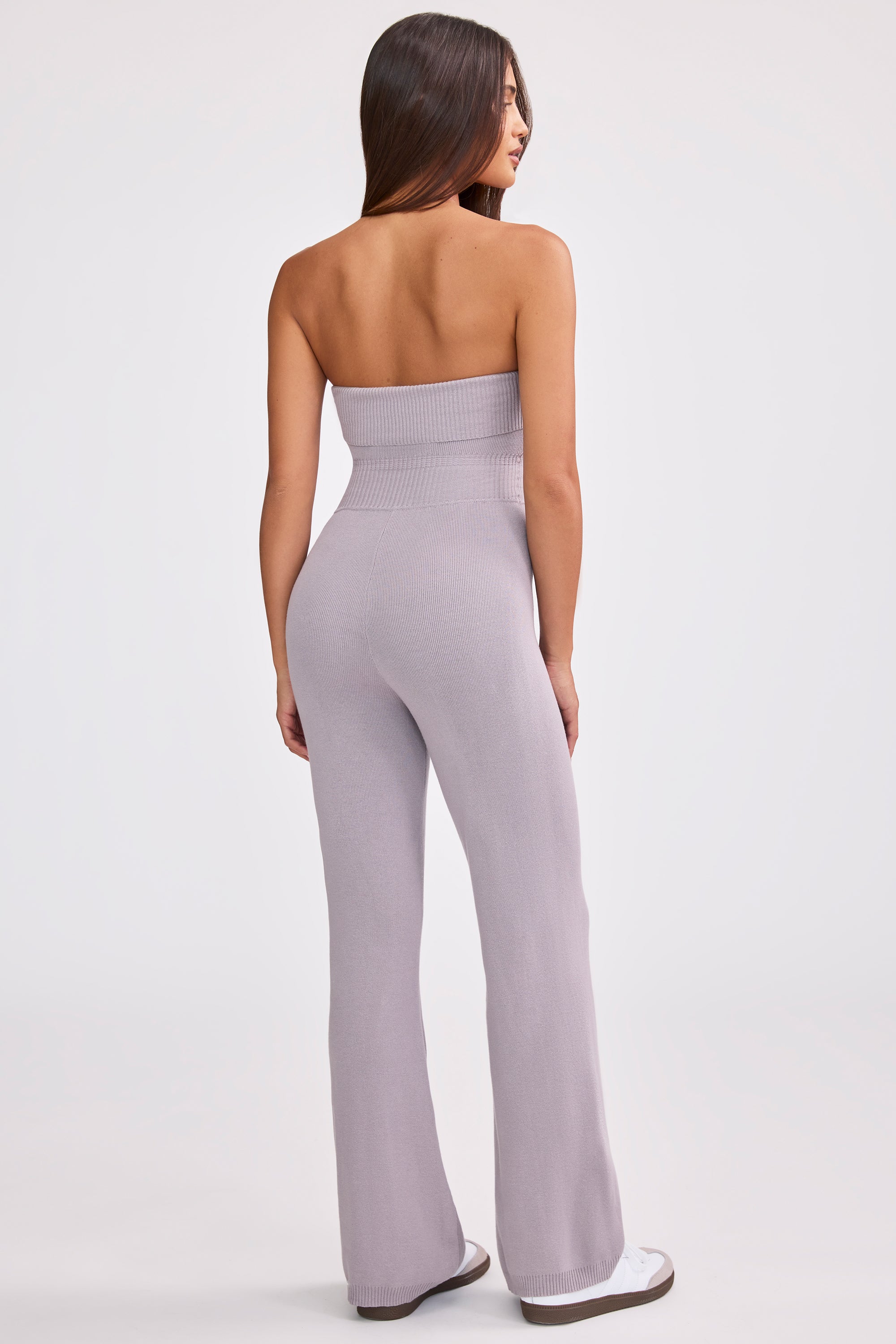Bandeau Kick Flare Chunky Knit Jumpsuit in Dusty Lavender、mySite、solidvoid